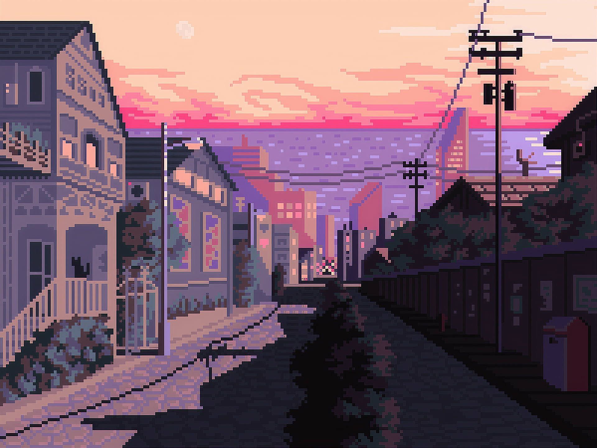 A street scene with houses and trees - Pixel art