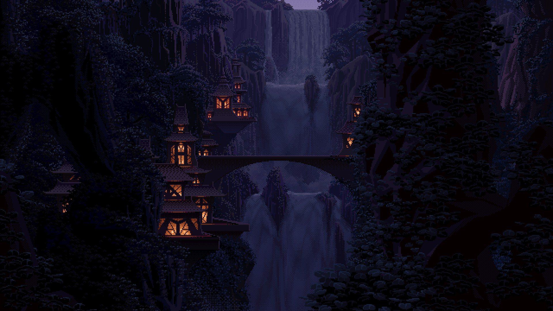 A waterfall in the middle of some trees - Pixel art