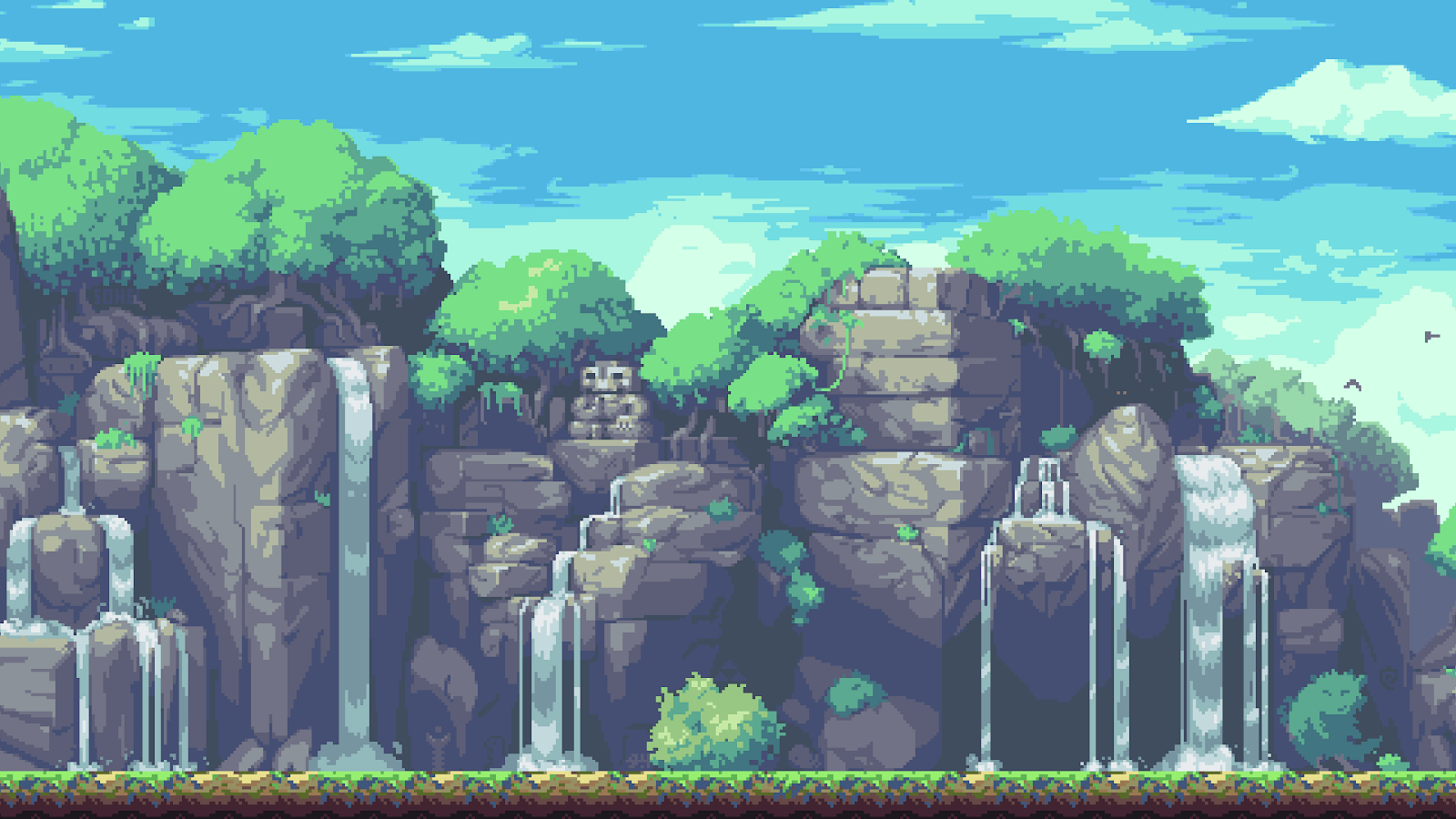 A pixel art scene with waterfalls and trees - Pixel art