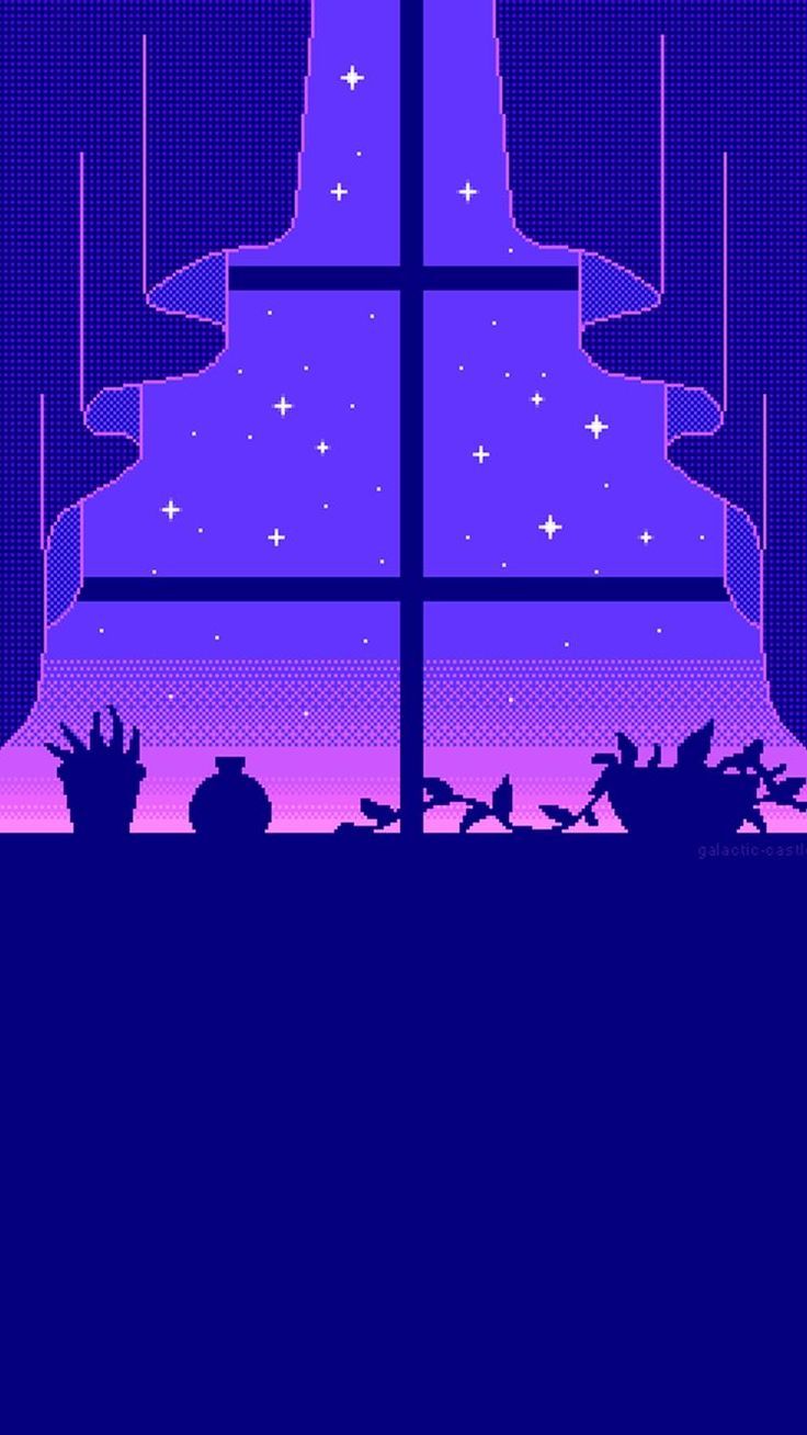 A purple and blue illustration of a spaceship with a window - Pixel art