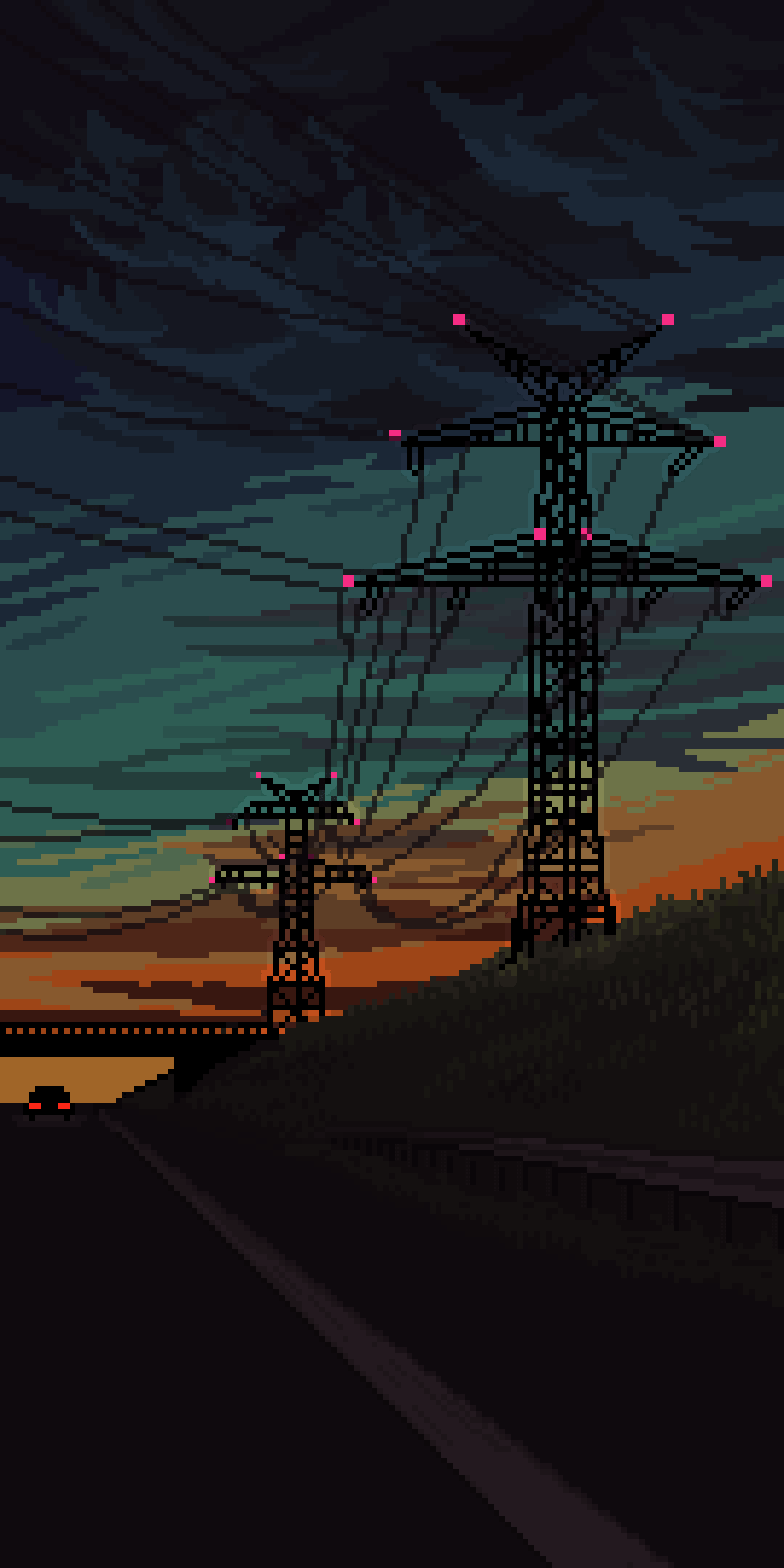 A road with some power lines and trees - Pixel art