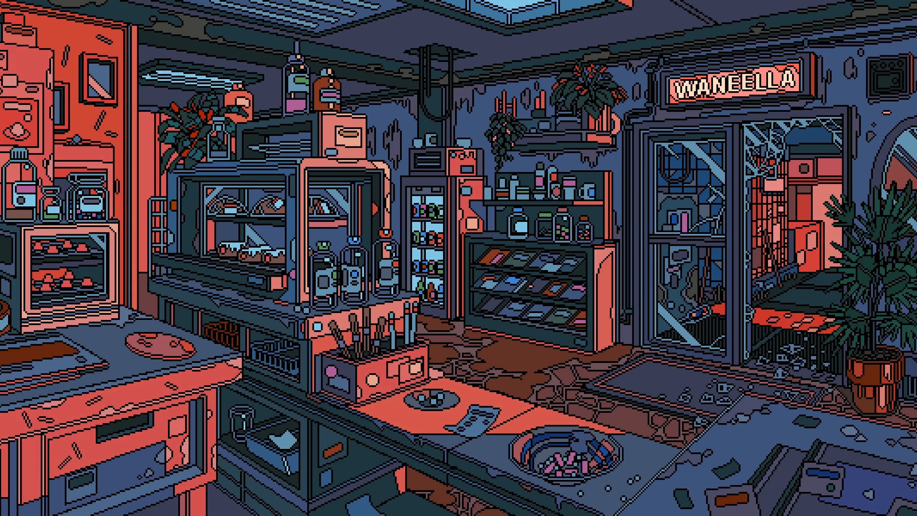 A 2D pixel art image of a store with shelves - Pixel art