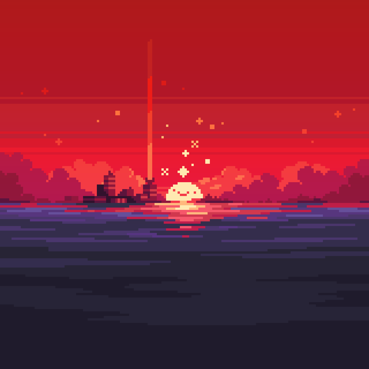A pixel art of the sun setting over an ocean - Pixel art