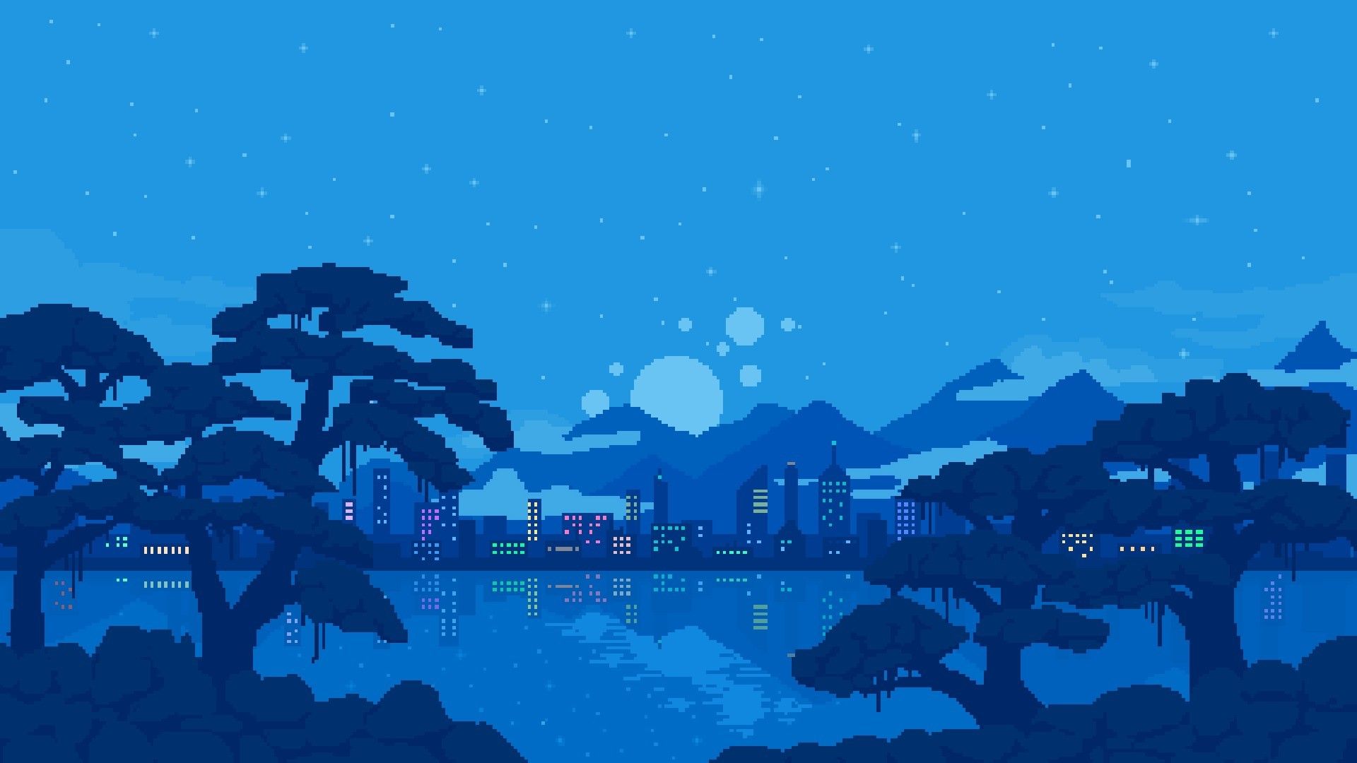 A city skyline at night with trees and water - Pixel art