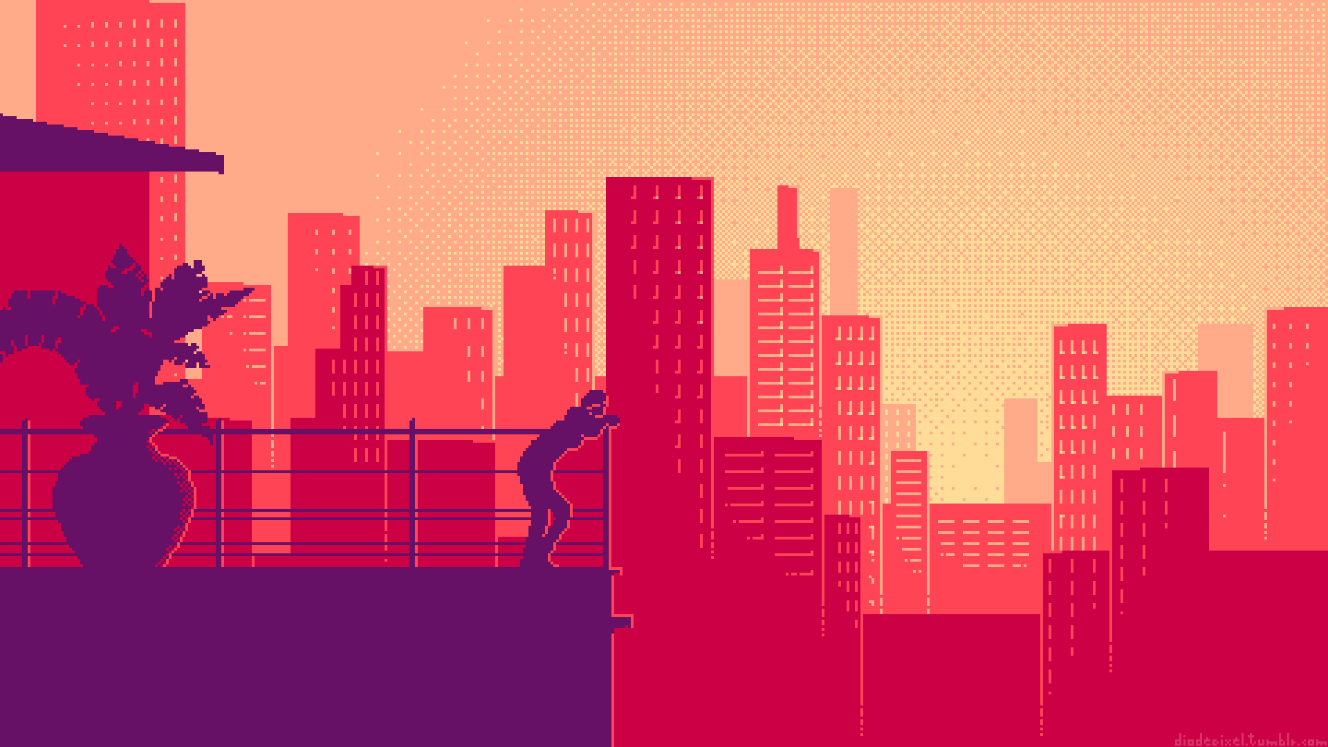 A man is standing on the roof of his building - Pixel art