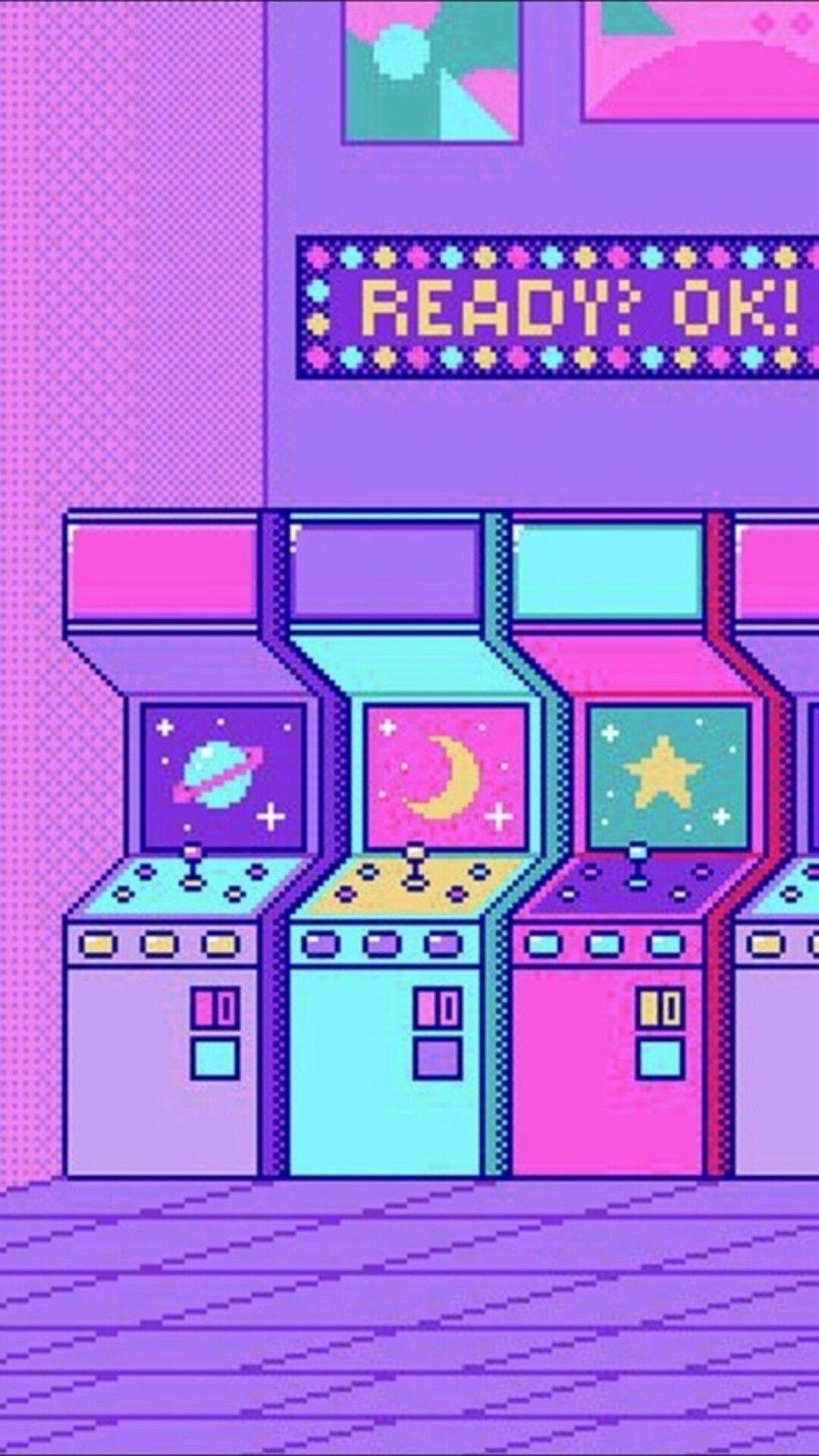 Aesthetic phone background of a purple and pink arcade with the words 
