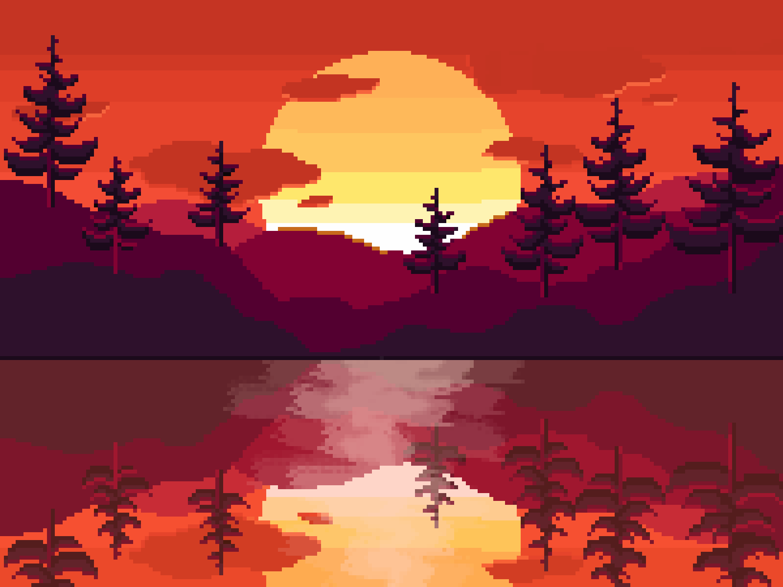 A pixelated sunset over a lake with trees - Pixel art