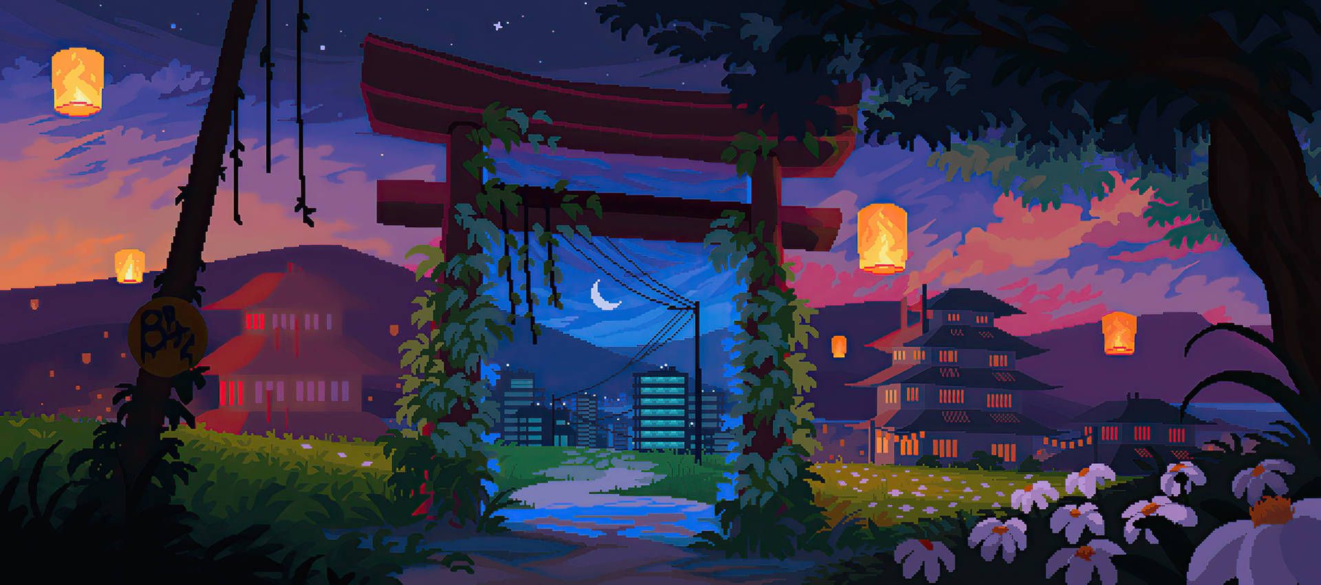 Download Aesthetic Pixel Art Of City Japanese Shrine Wallpaper