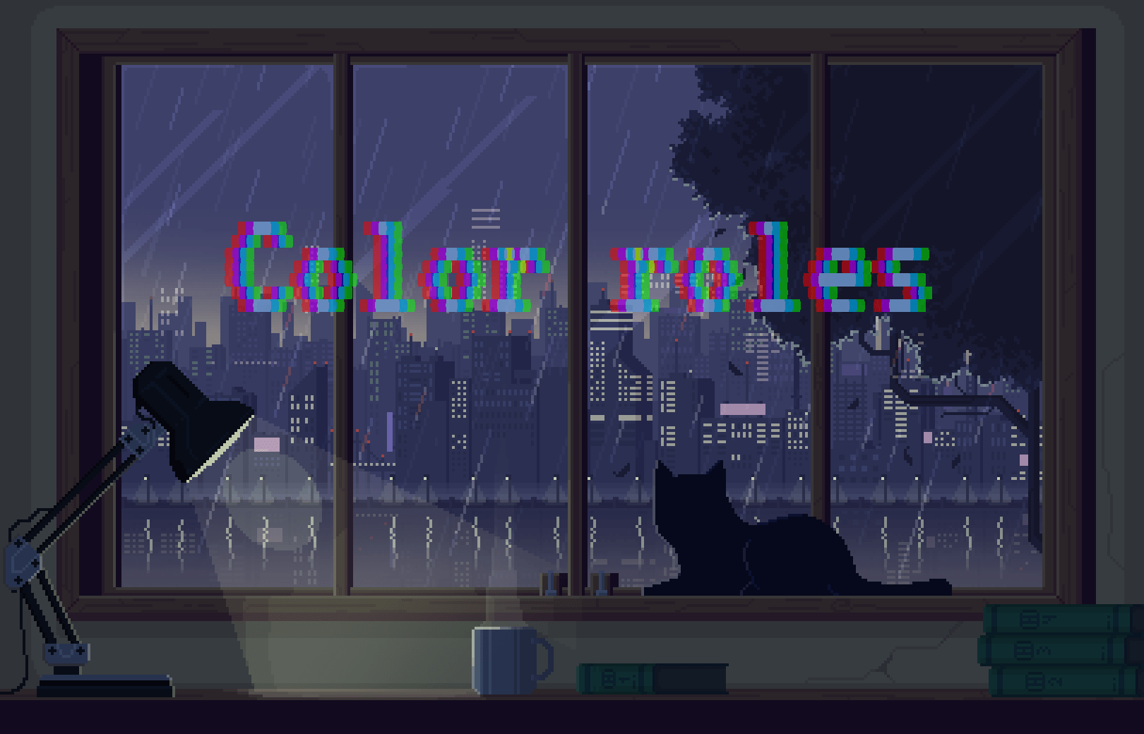 A pixelated image of a window with a cityscape outside. - Pixel art, cat, anime