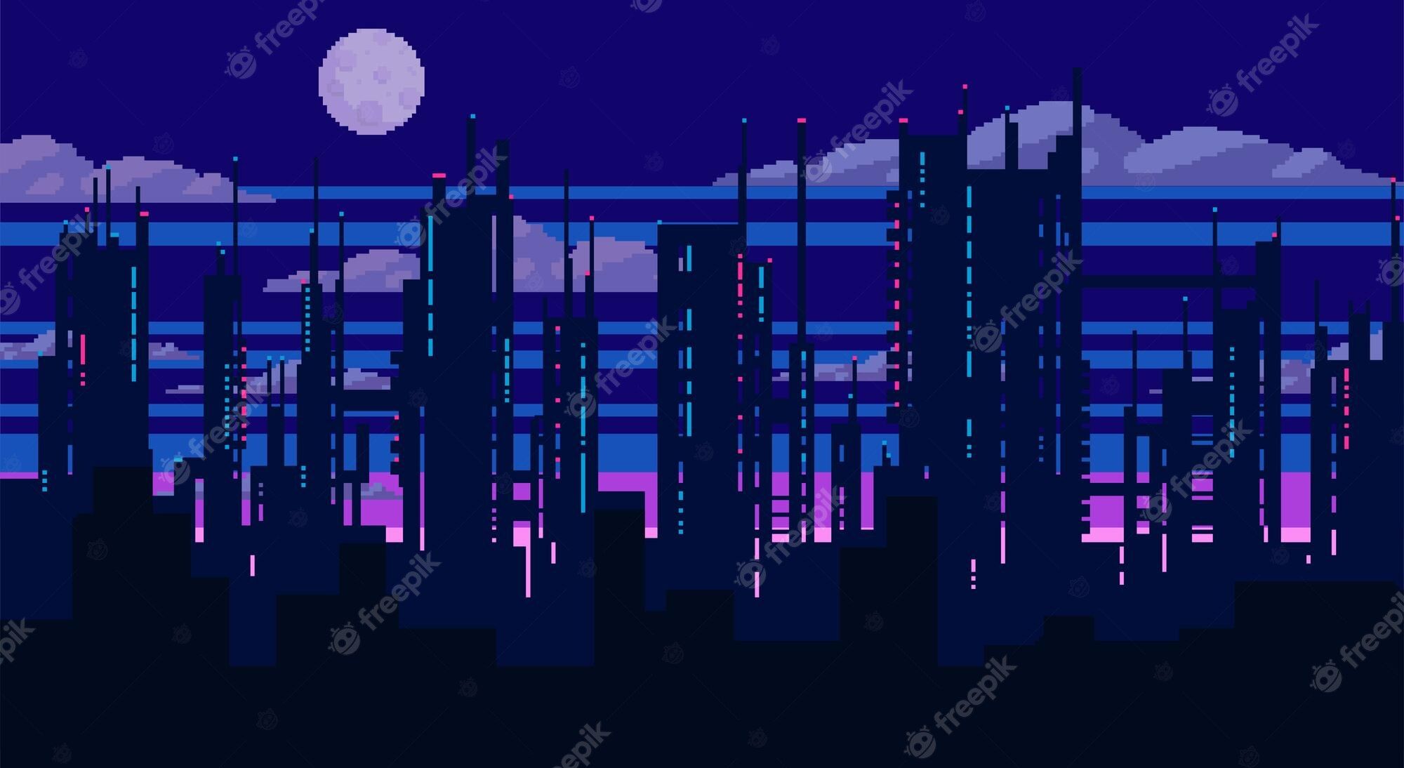 Premium Vector. Pixel art game background with city silhouette stars and moon vector eps 10