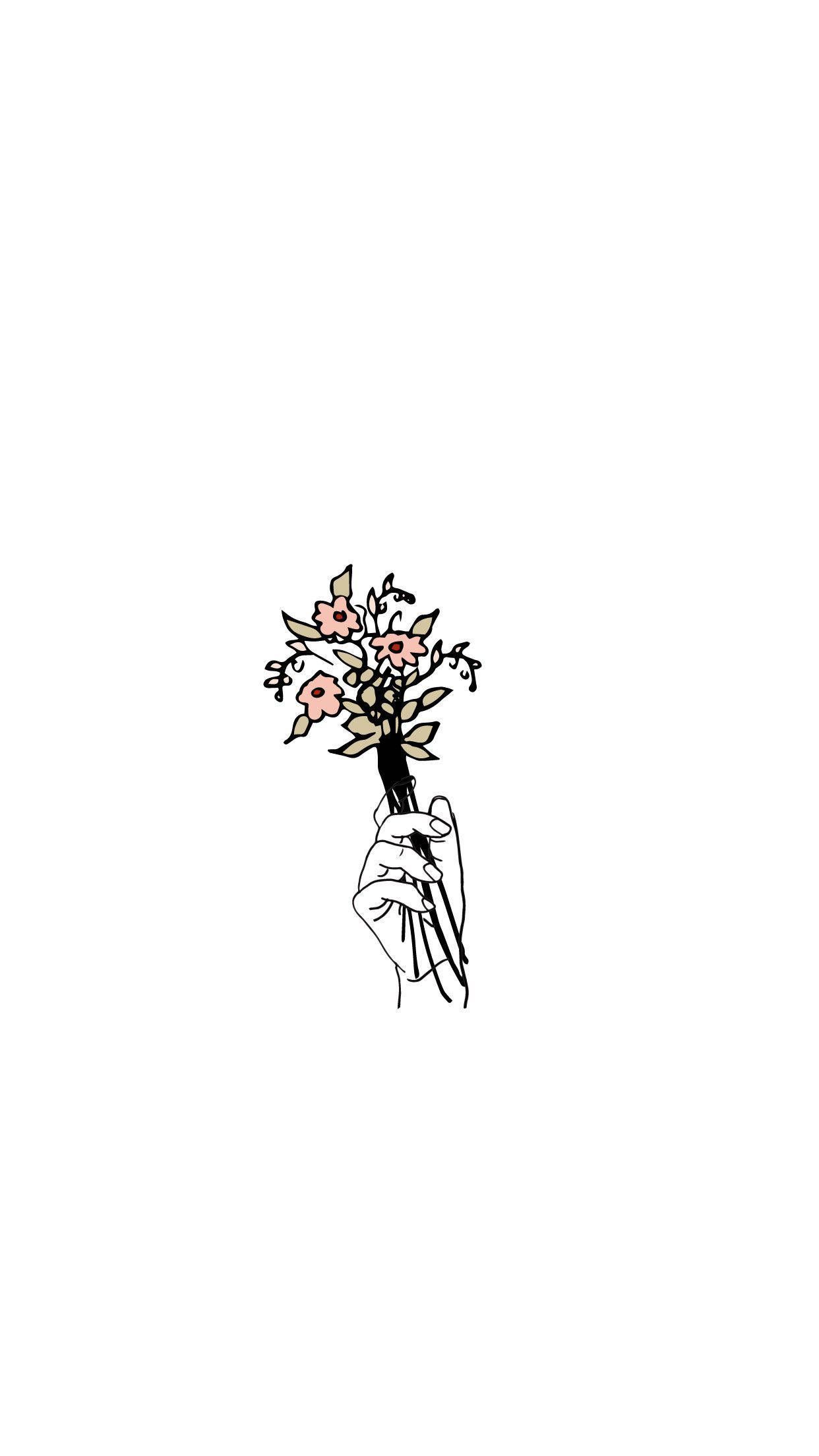 A drawing of someone holding flowers in their hand - White, cute white
