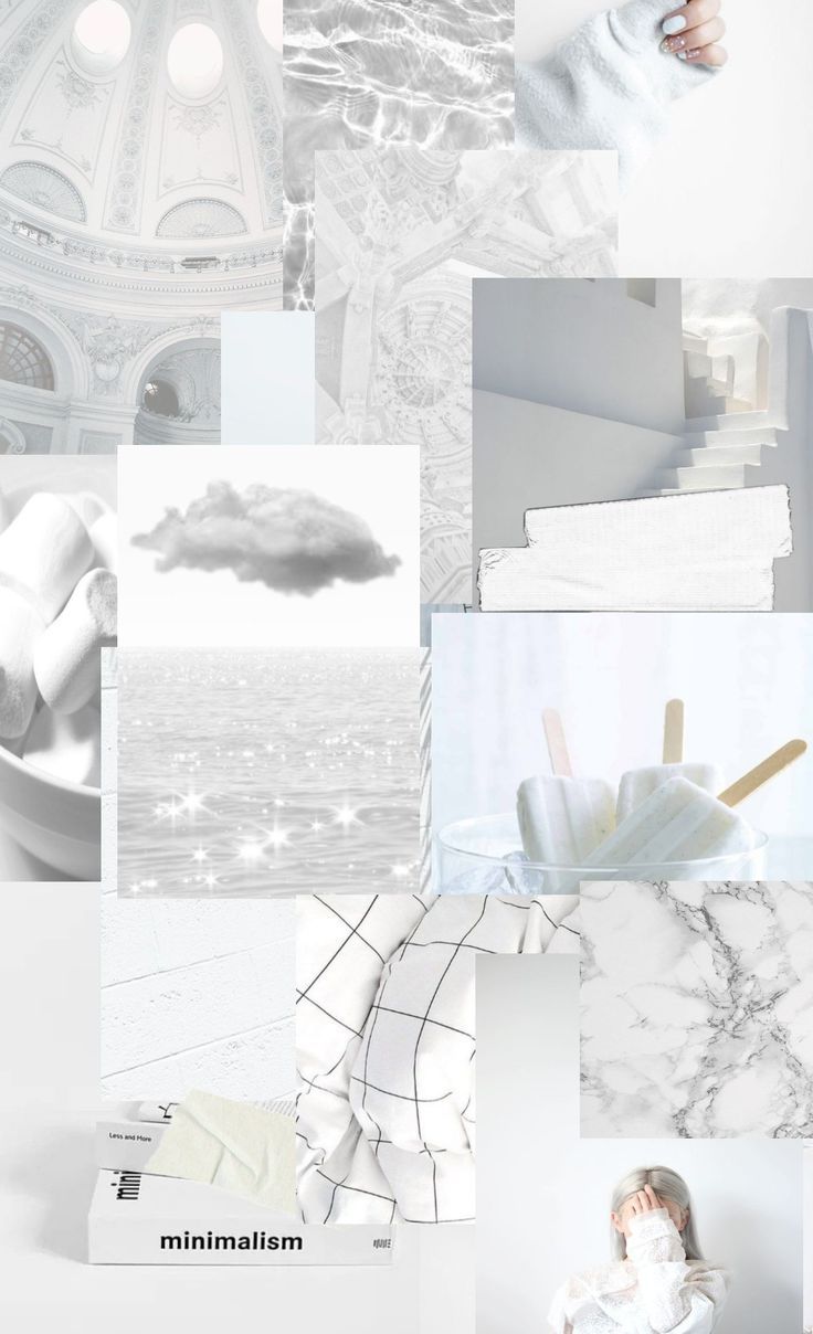 Aesthetic collage of white and grey images including a cloud, ice cream, books, and a building. - Cute white, white