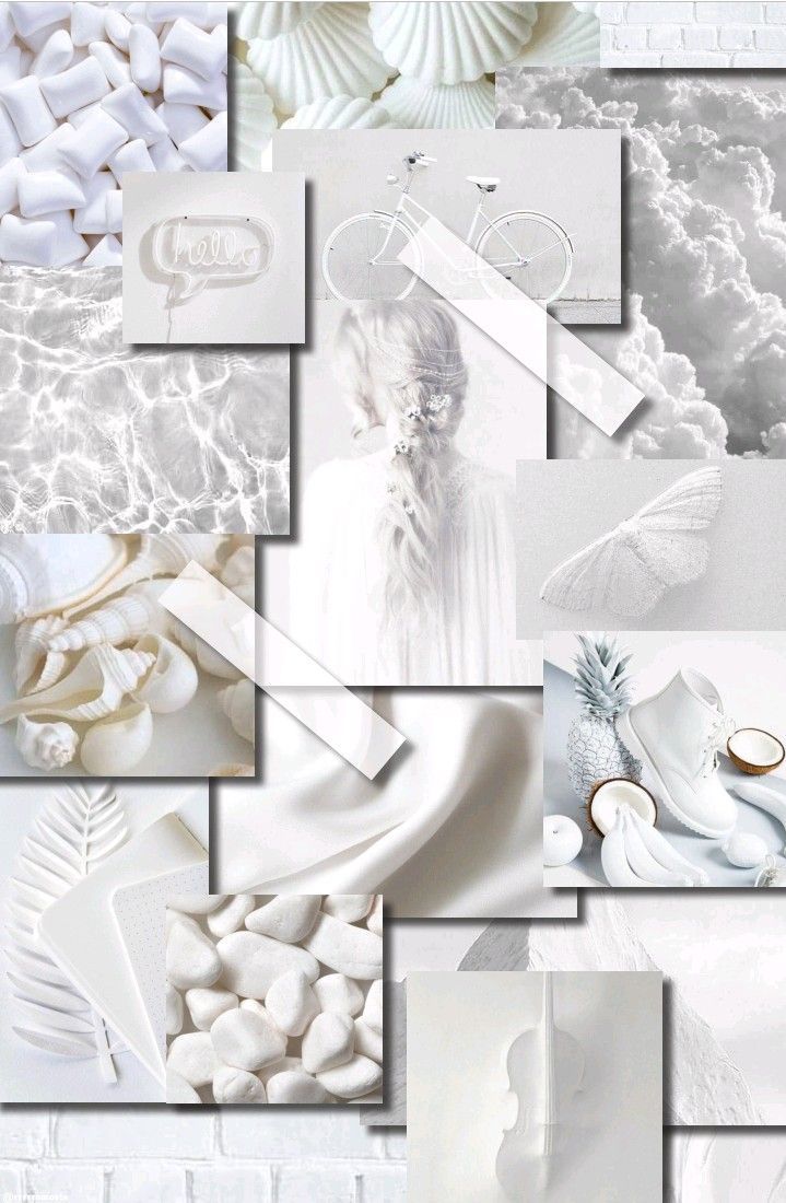Aesthetic background of white, grey and silver with marshmallows, pineapples, bikes, shoes, shells and white brick. - Cute white, white