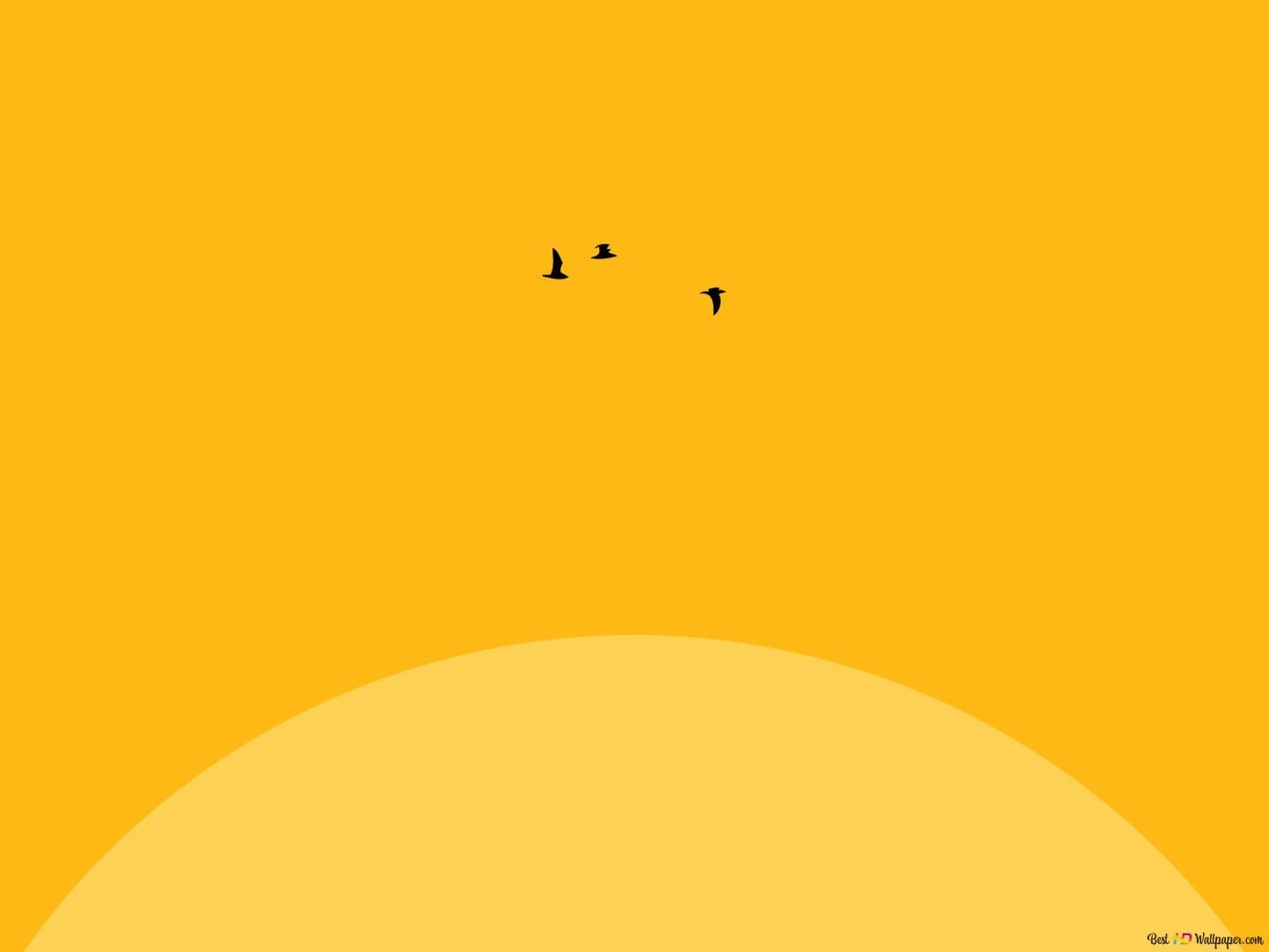 Minimalistic wallpaper of a sun and birds flying in the sky - Light yellow