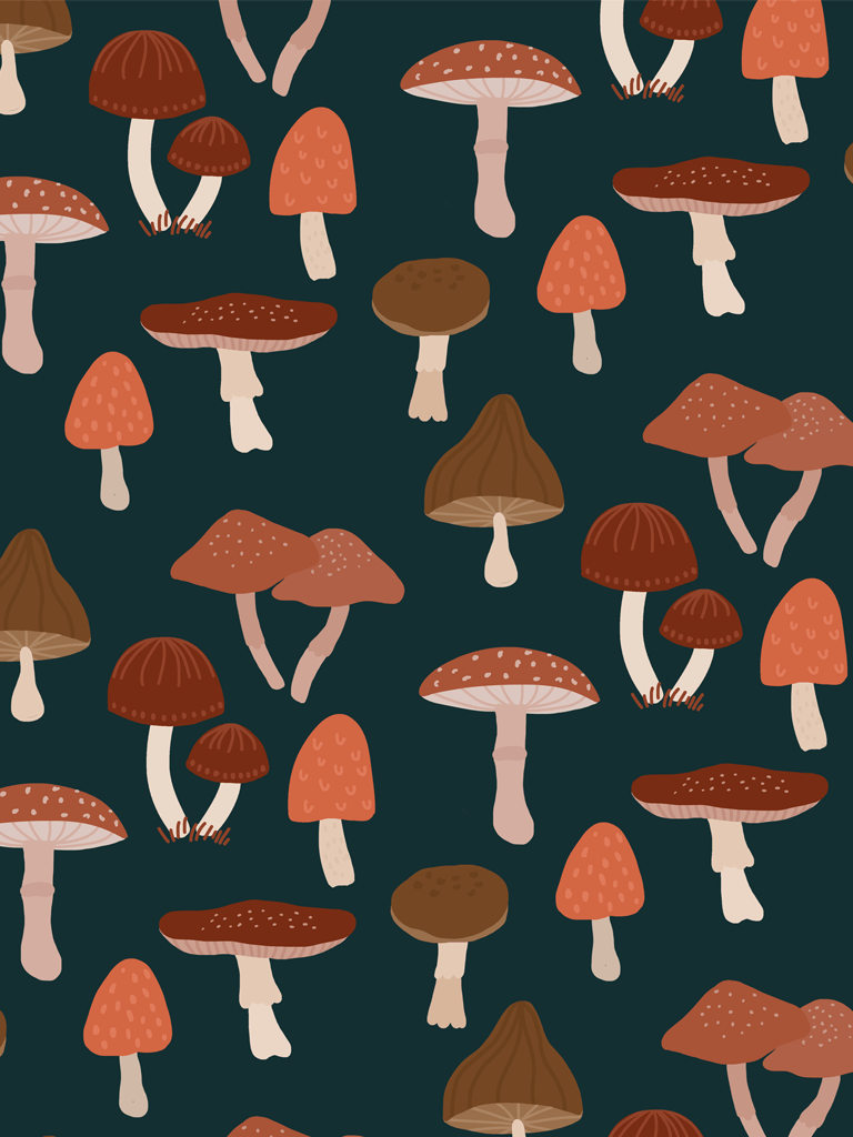 A pattern of brown mushrooms on a dark green background - Mushroom