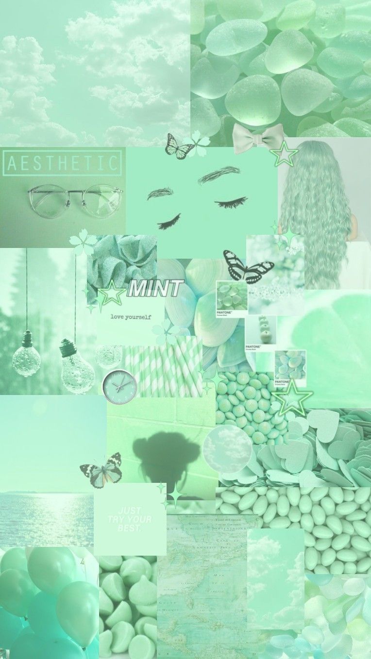 A collage of pictures with green and blue - Pastel green, green, mint green