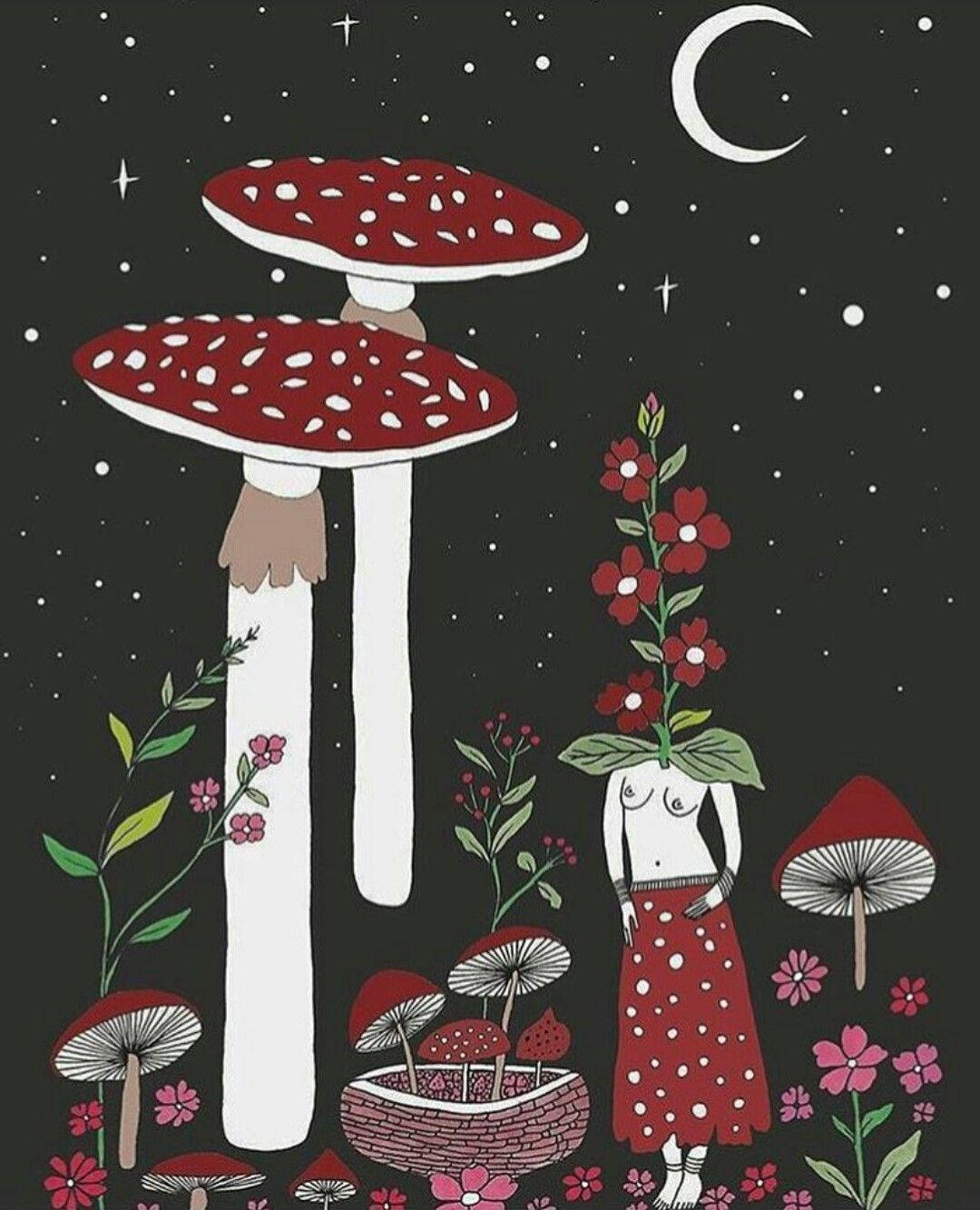 A mushroom girl in a red dress standing under a crescent moon. - Mushroom