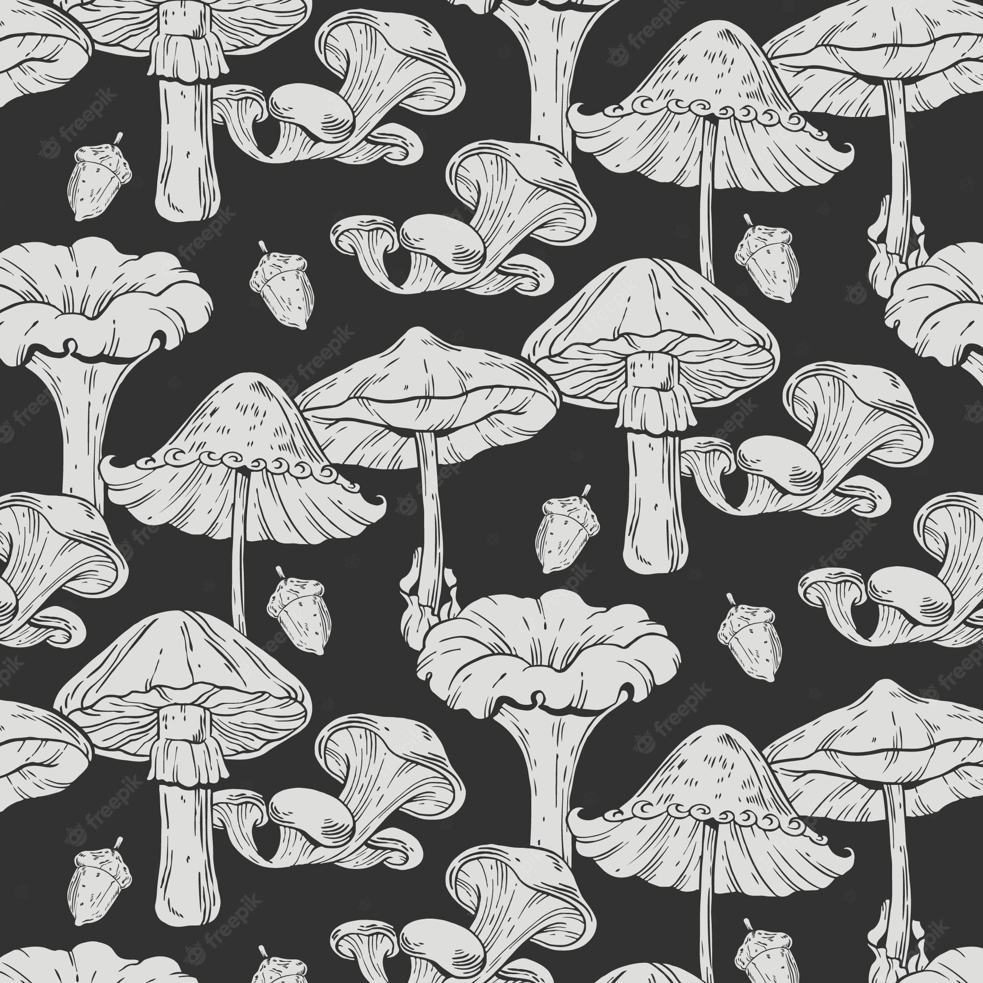 Seamless pattern of mushrooms on black background - Mushroom