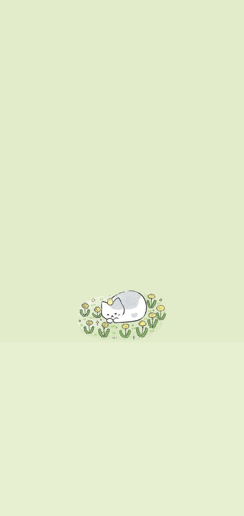 IPhone wallpaper of a white cat sleeping in a field of flowers - Pastel green
