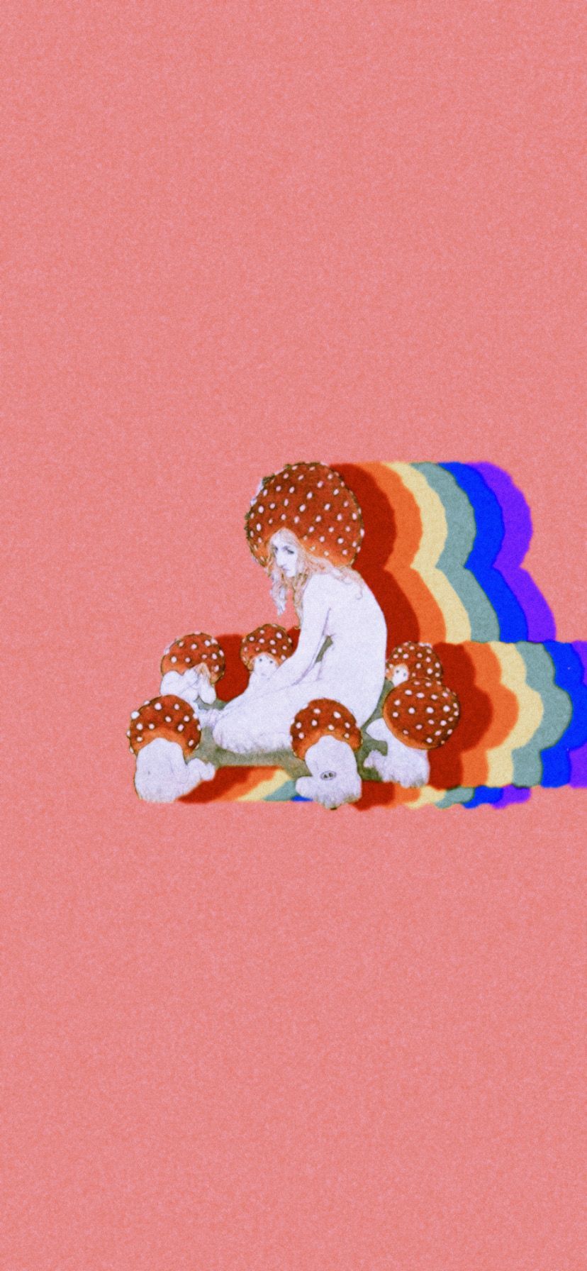 A digital drawing of a person sitting on a mushroom with a rainbow behind them - Mushroom