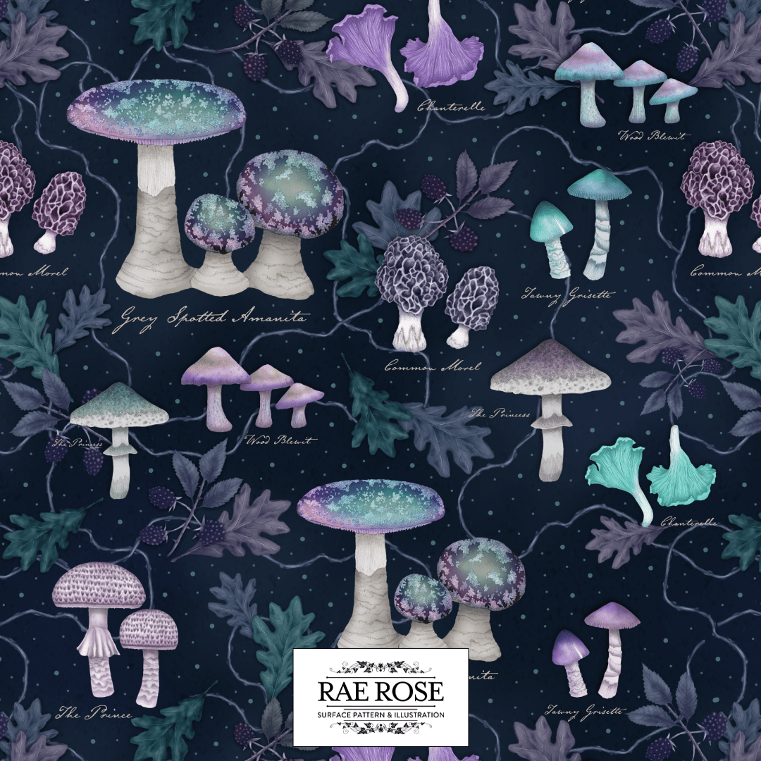 A pattern of mushrooms, leaves and berries on a dark blue background - Mushroom