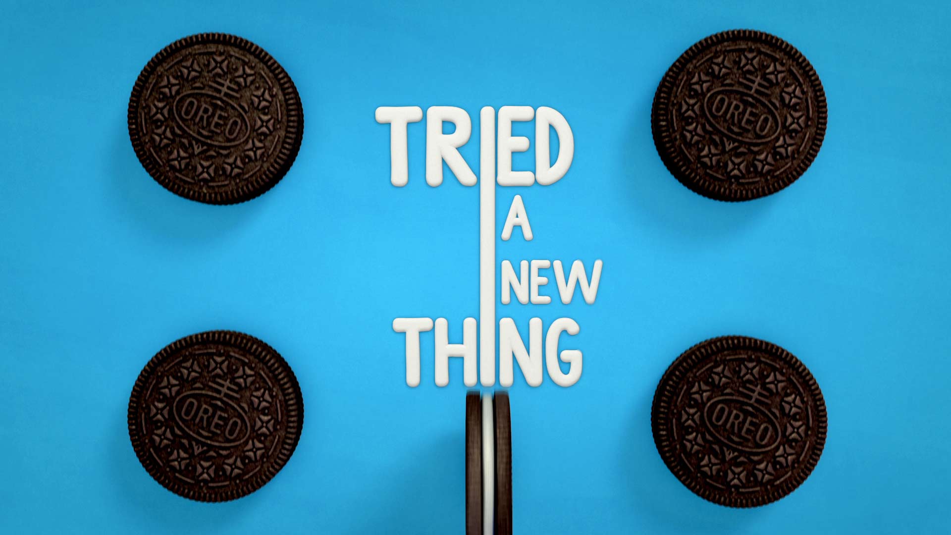 A blue background with cookies and the words trieda new thing - Oreo