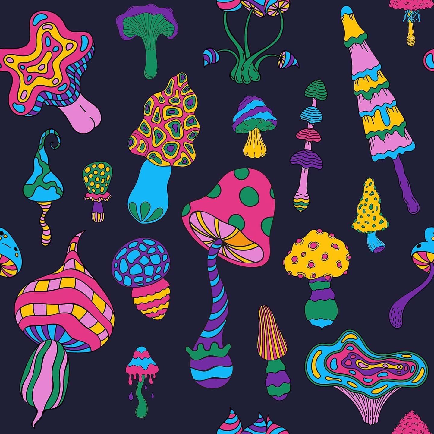 A pattern of brightly colored mushrooms on a dark blue background - Mushroom