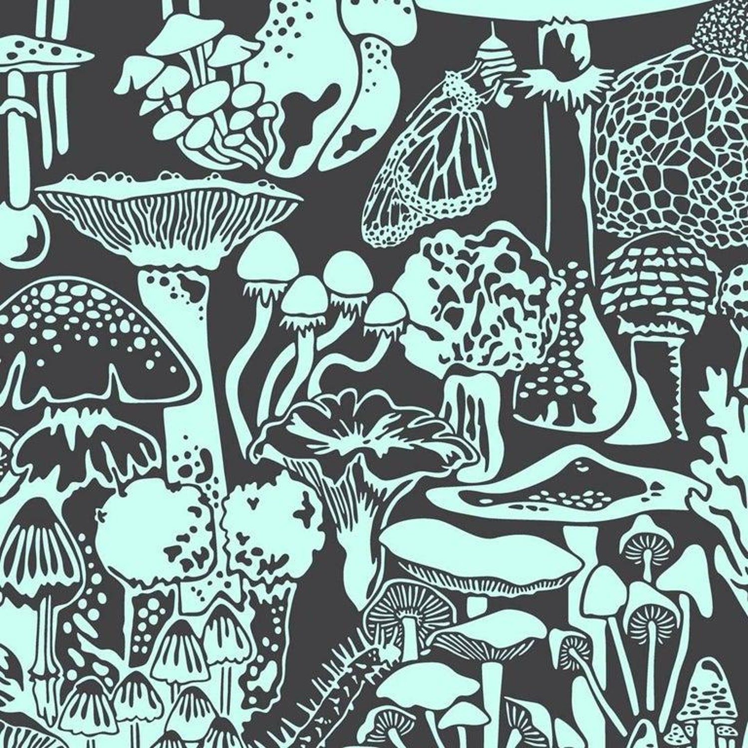 Mushroom City Designer Wallpaper In Mint Chip 'Mint On Charcoal'