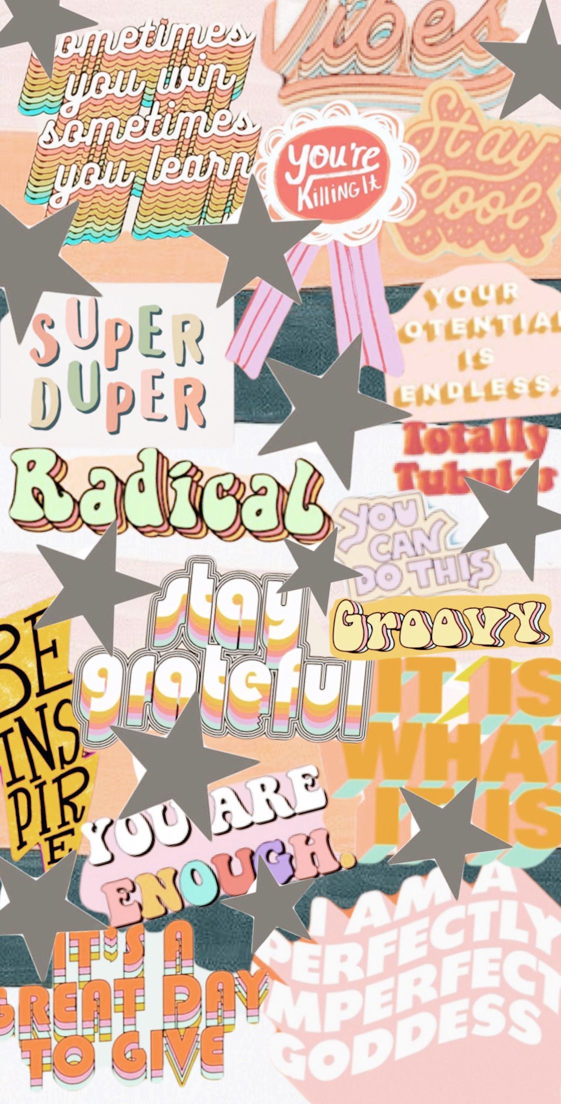 A collage of stickers with phrases such as 