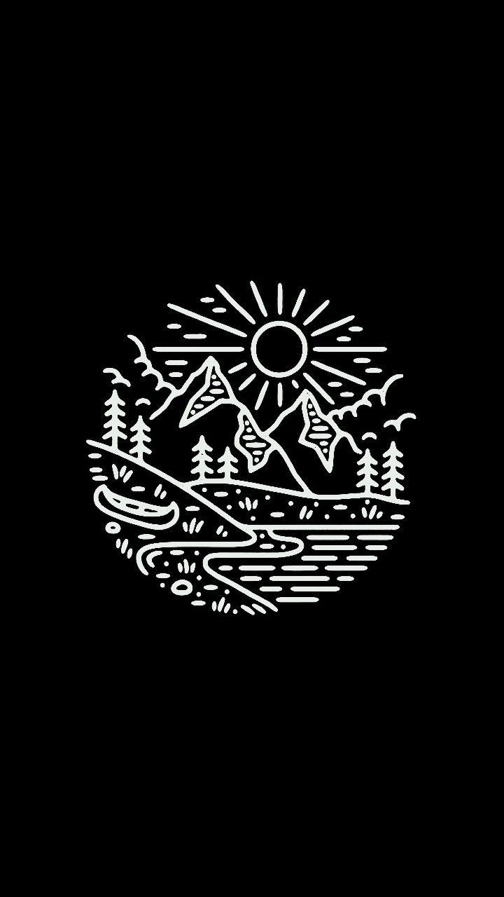 A black and white drawing of mountains, trees - Apple Watch