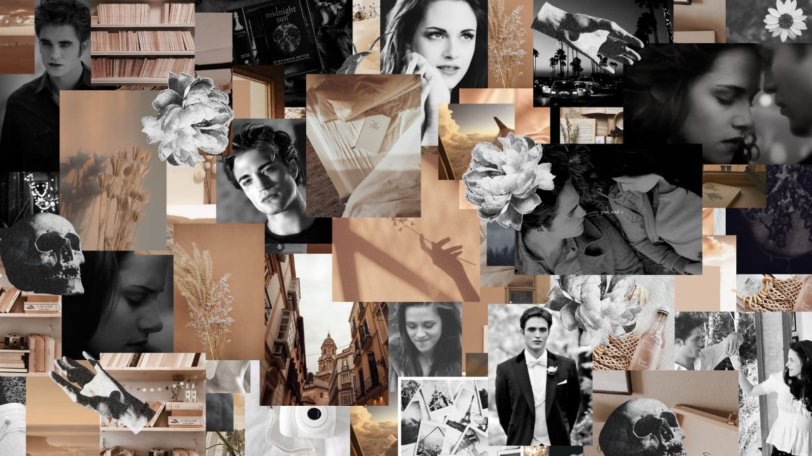 A collage of black and white photos of people, books, and other items. - Twilight