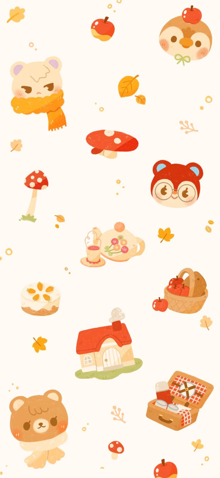 A cute wallpaper with illustrations of animals, food, and a house. - Animal Crossing