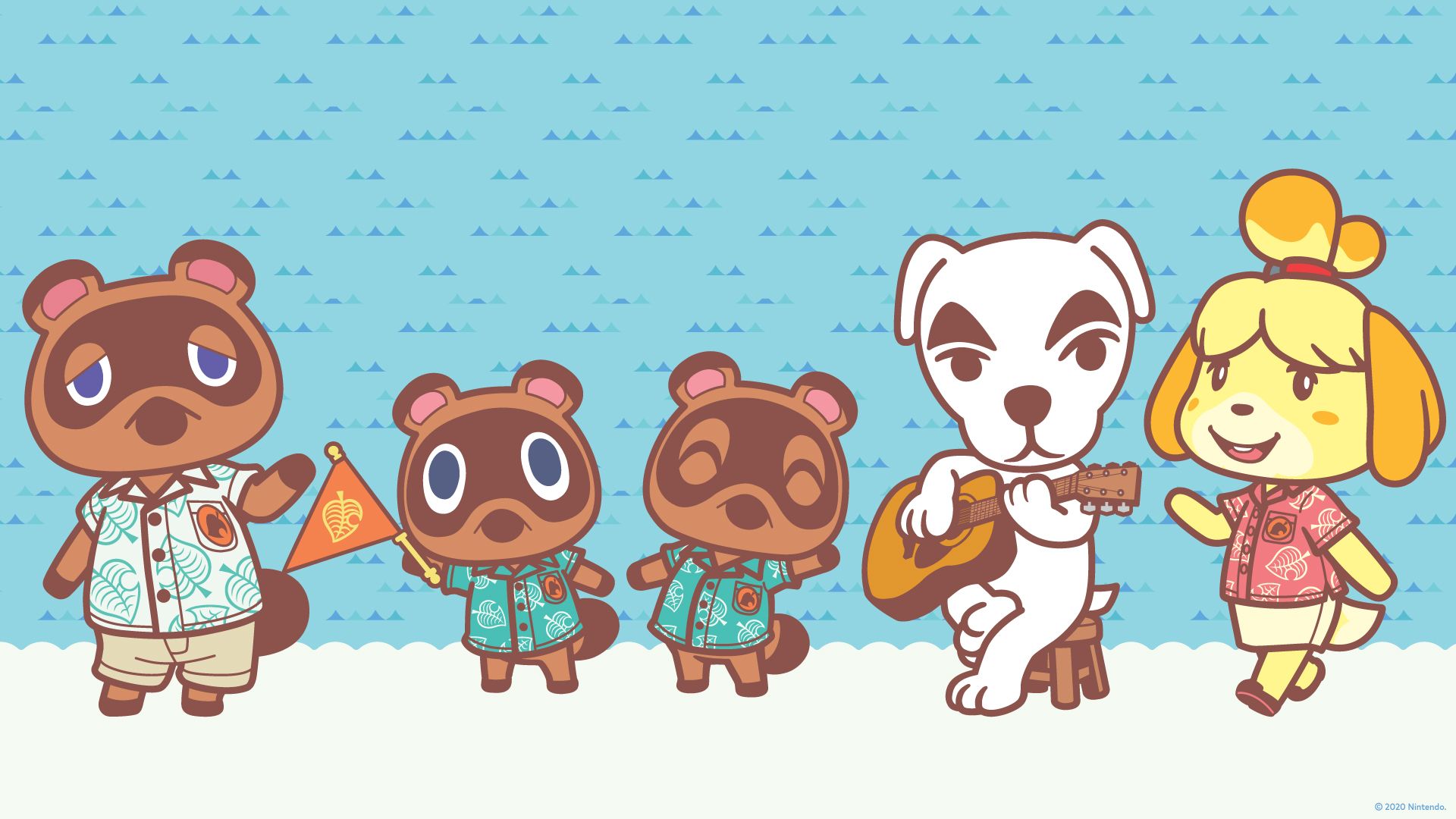 Animal Crossing characters Tom Nook, Timmy, Tommy, Isabelle, and a villager playing musical instruments. - Animal Crossing