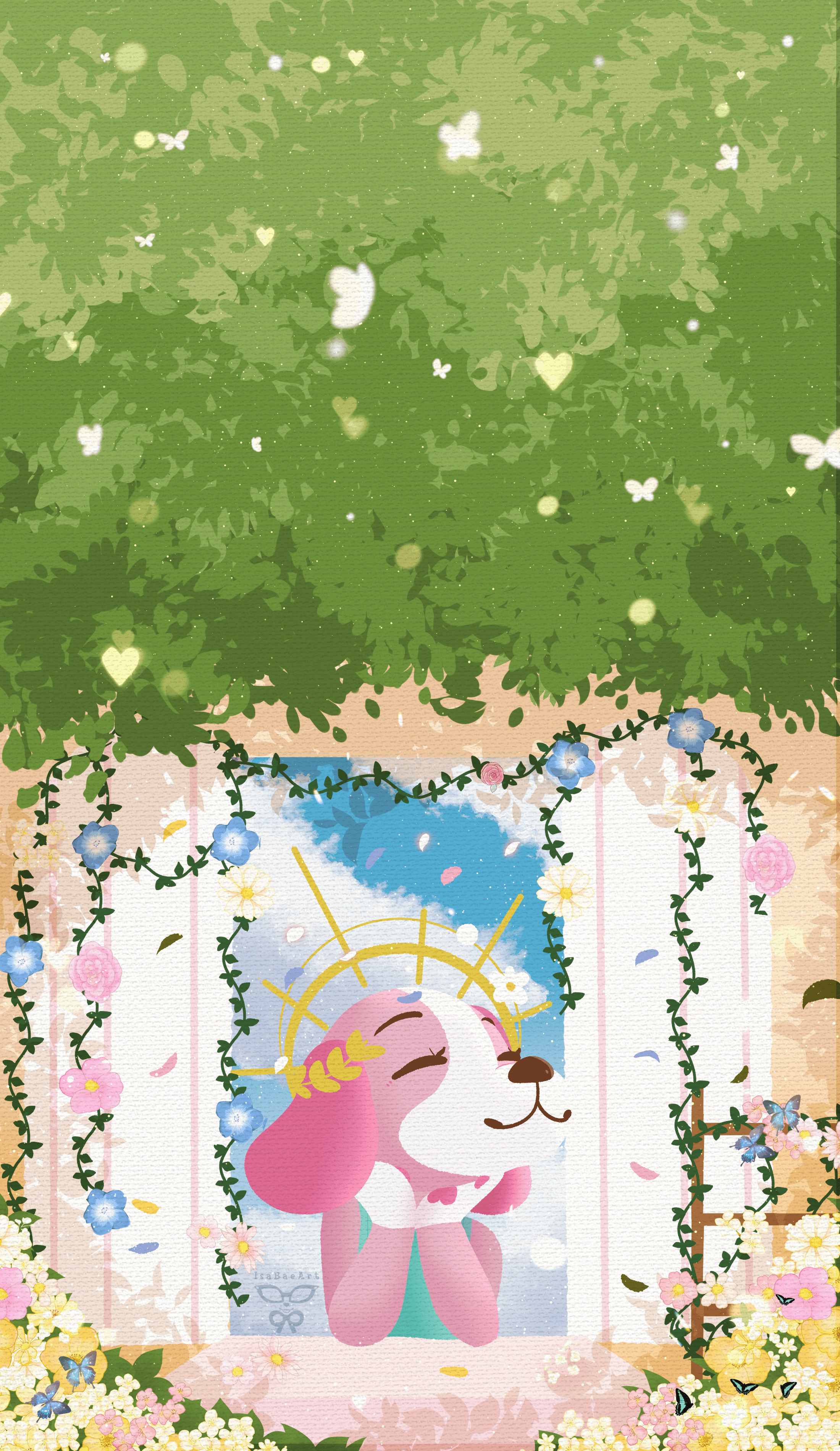 A pink dog sitting in front of some flowers - Animal Crossing