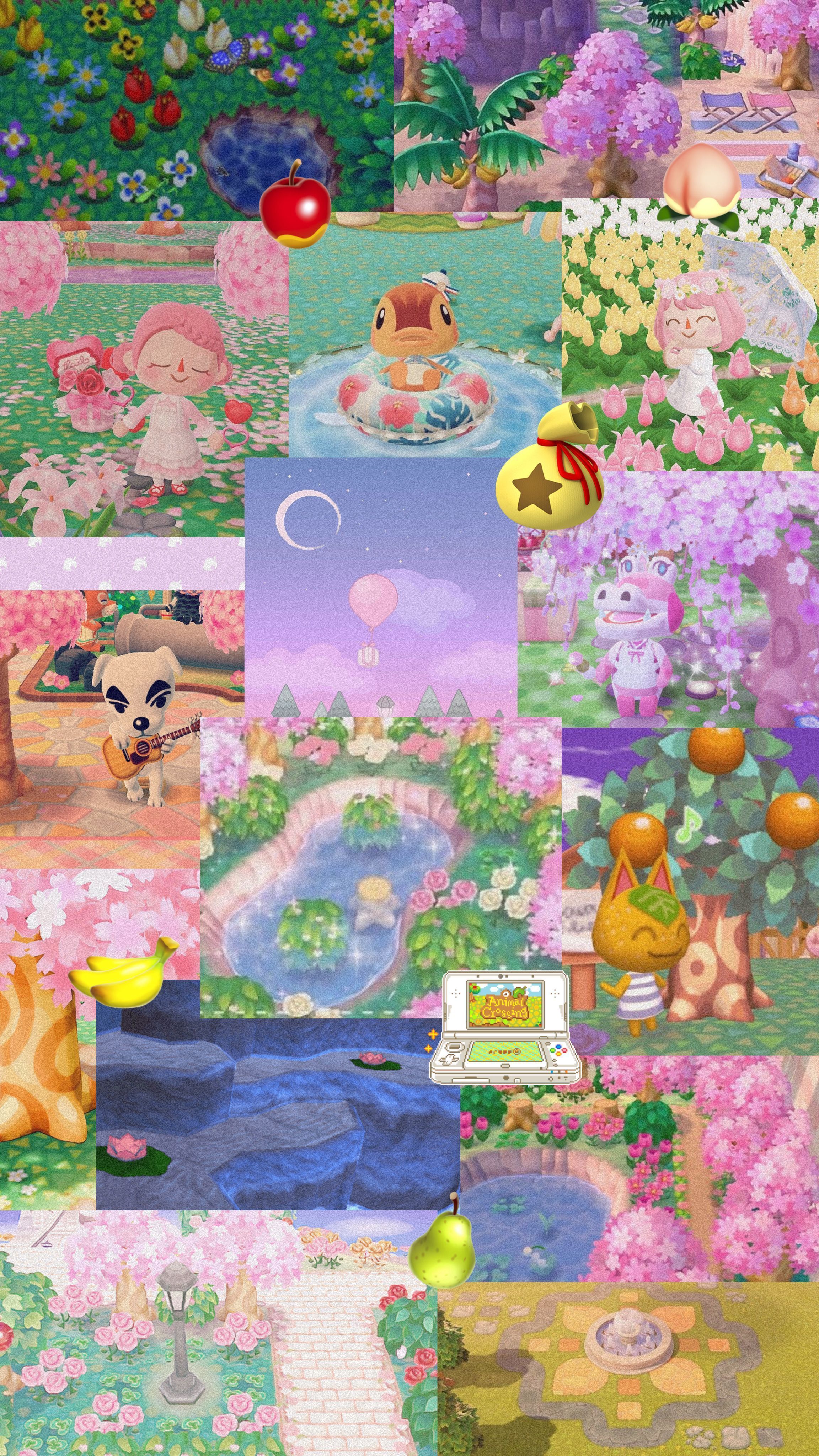 A collage of Animal Crossing screenshots including cherry blossom trees, a campfire, and a pond. - Animal Crossing