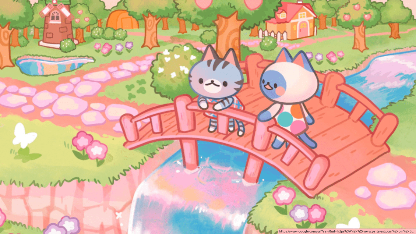 A cartoon cat and dog are standing on the bridge - Animal Crossing