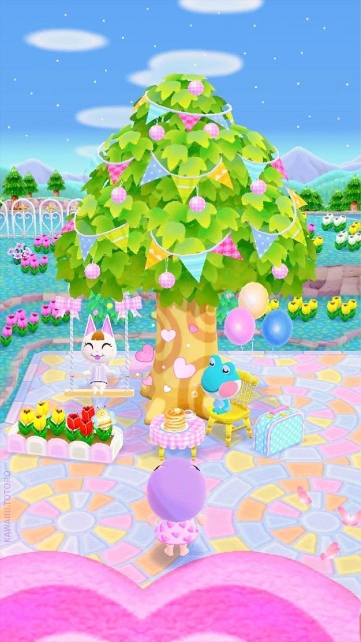 A pink and green tree in the middle of a garden, with a purple character standing under it. - Animal Crossing