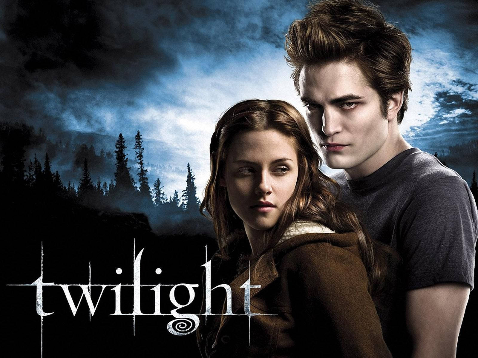 Twilight movie poster with two people standing in front of a dark forest - Twilight