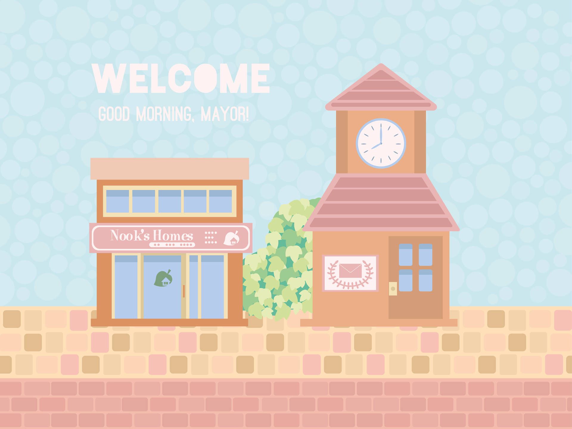 A cartoon style building with clock and flowers - Animal Crossing