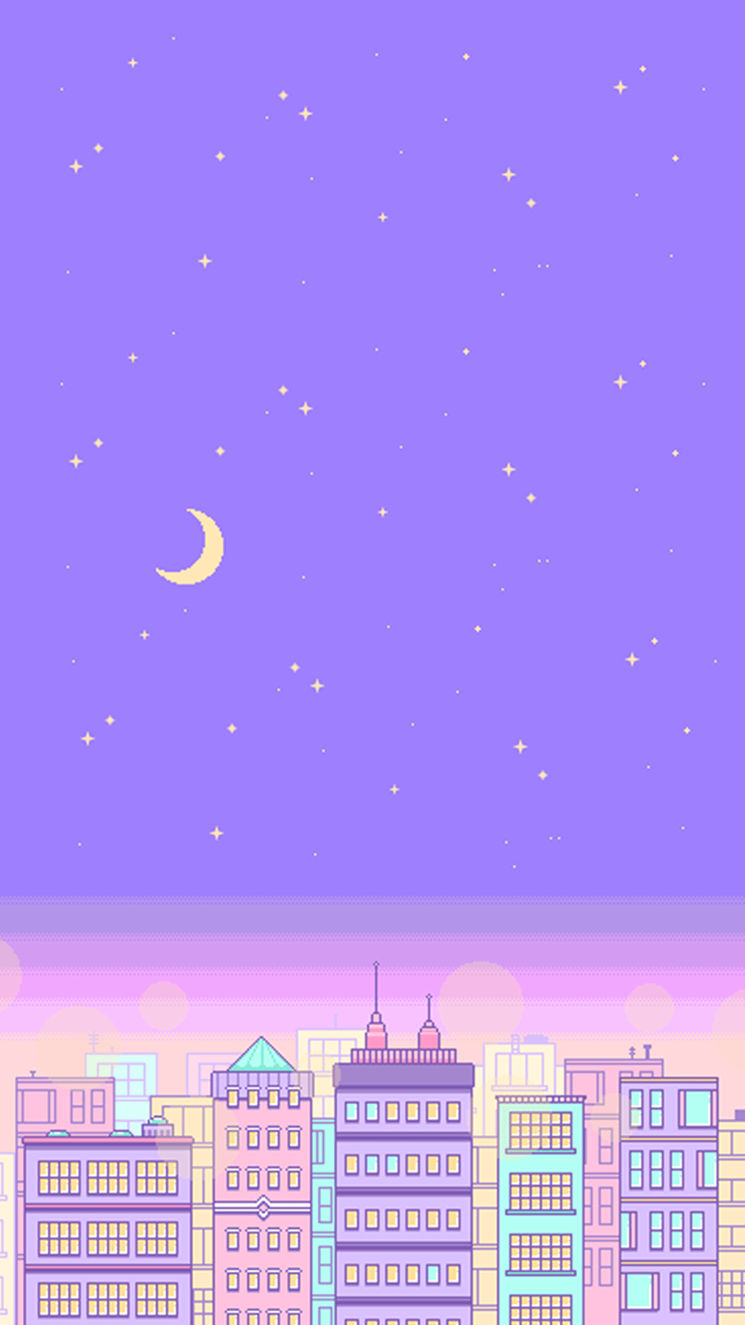 A city skyline with stars and the moon in it - Pastel purple, light purple, pastel rainbow, cute purple, purple, pastel