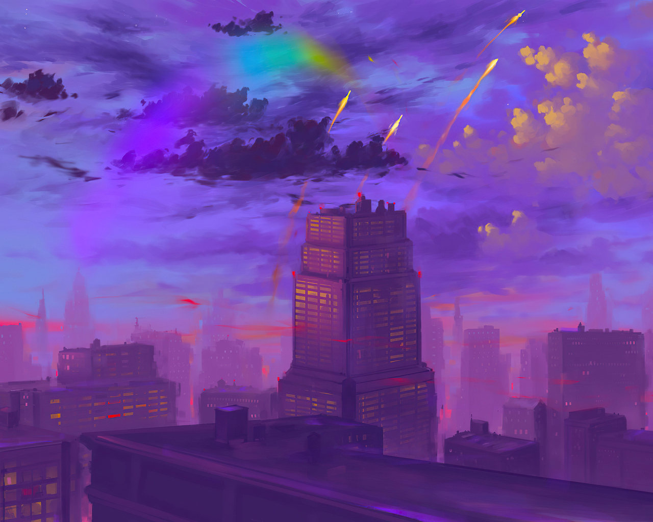A purple sky with clouds and buildings - Twilight