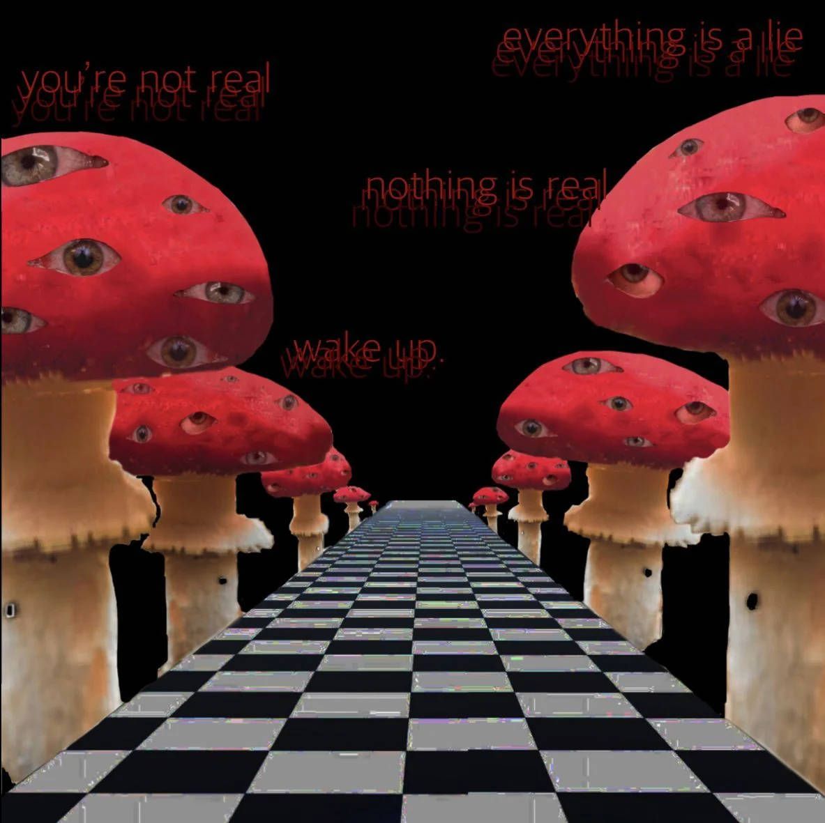 Red mushrooms with many eyes on a black and white checkered floor with the words 