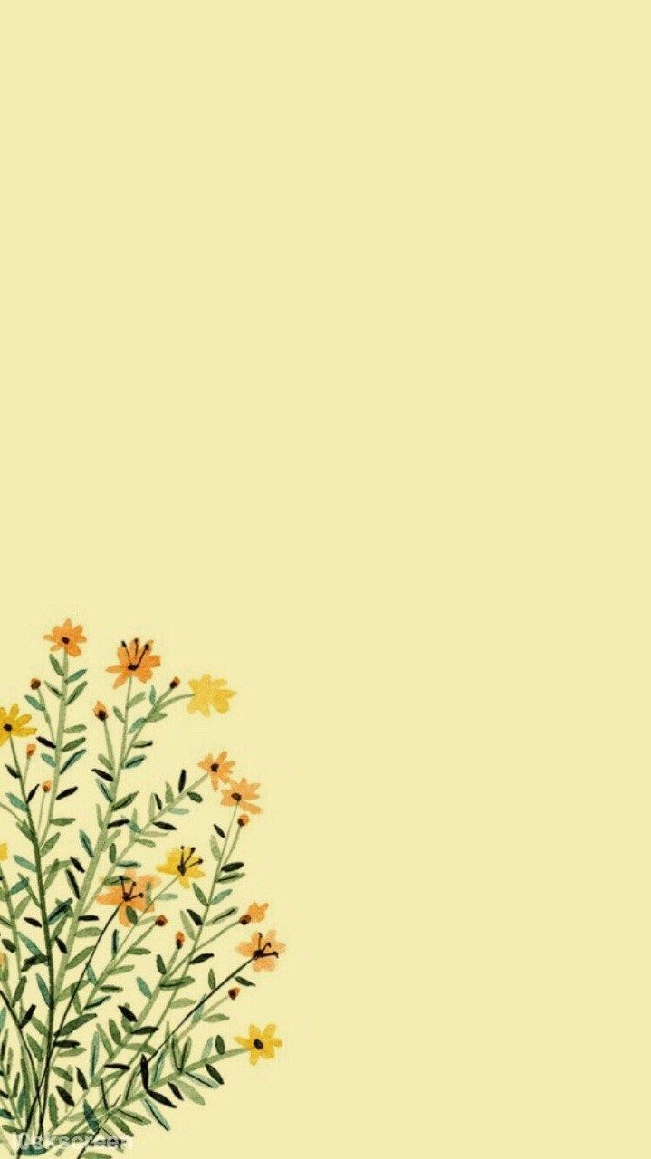A phone wallpaper with a yellow background and yellow flowers on the bottom left corner - Yellow iphone, pastel yellow