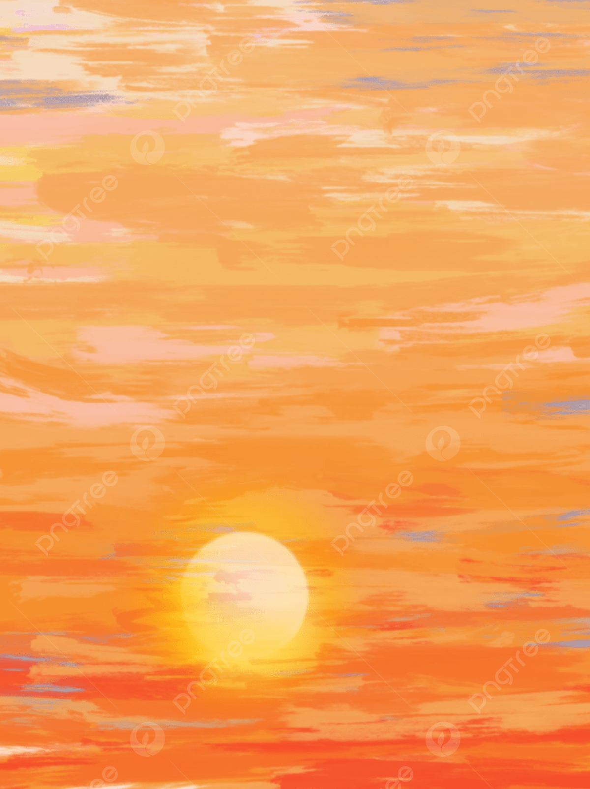 A painting of a sun setting in a cloudy sky - Pastel orange