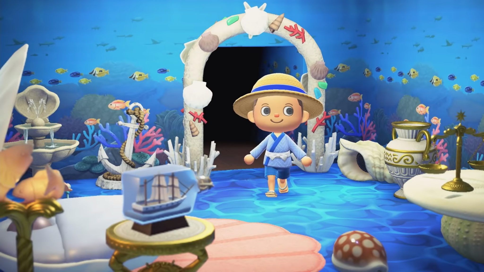 Animal Crossing player character standing in front of a portal to the underwater world - Animal Crossing