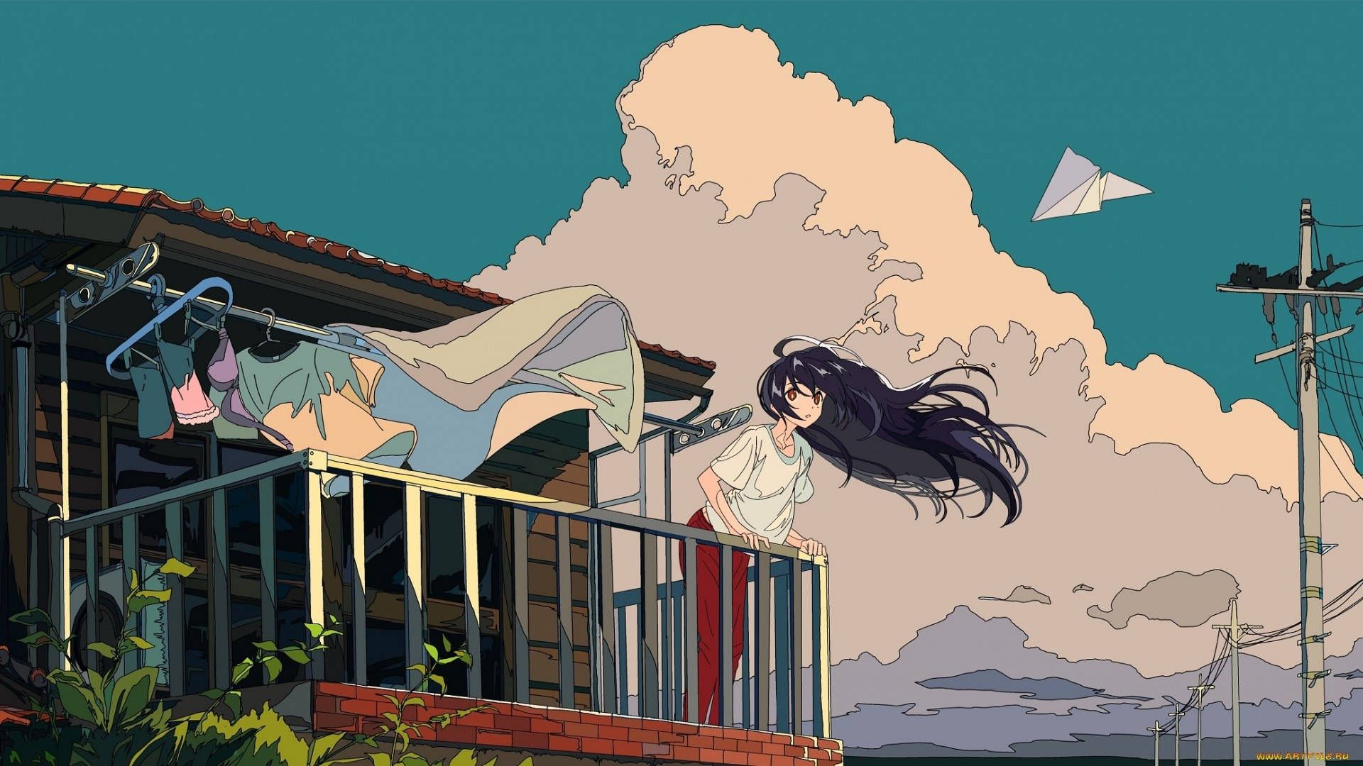 Anime girl leaning on a balcony with a blue sky - 90s anime, anime