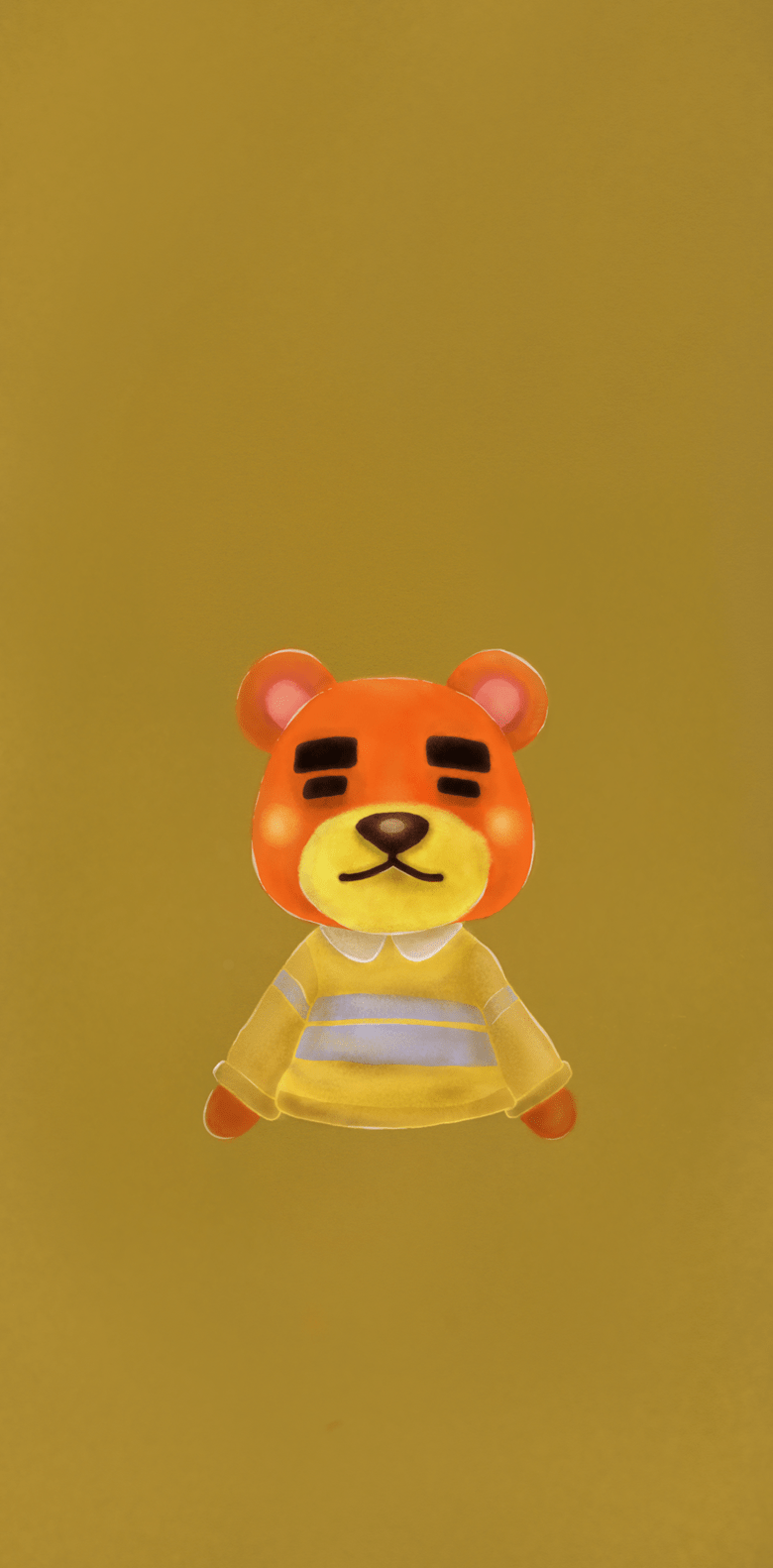 A digital rendering of a cartoon bear wearing a yellow dress against a mustard yellow background - Animal Crossing