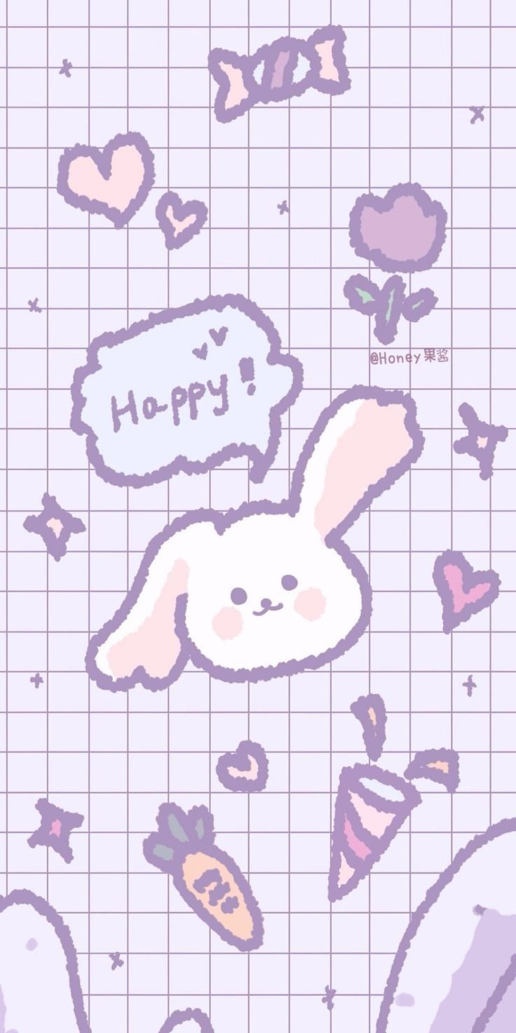 Aesthetic phone wallpaper with a bunny, hearts, and the words 