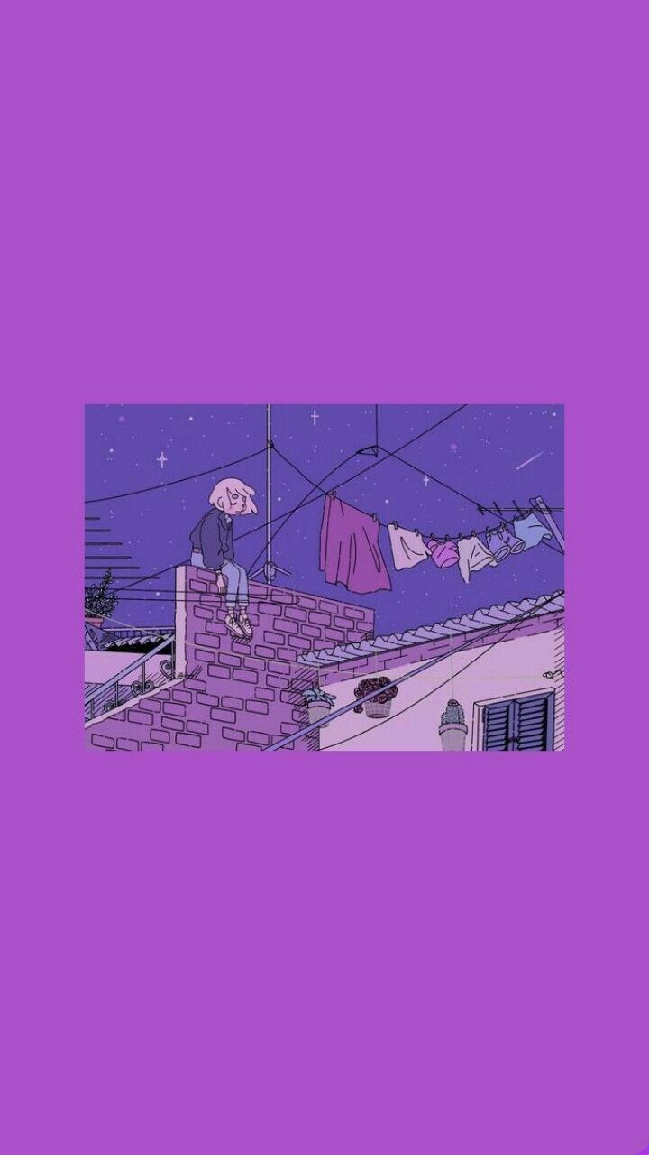 Aesthetic anime purple wallpaper for phone with a boy hanging laundry on a clothes line - Pastel purple, pastel