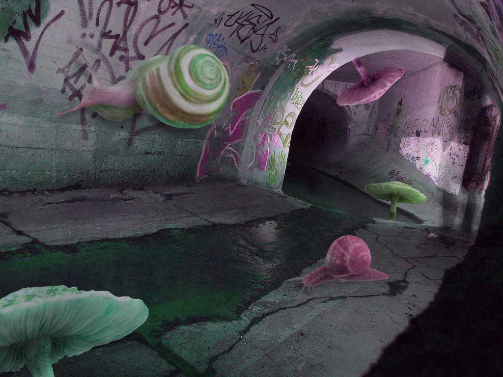 A tunnel with graffiti and pink snails - Weirdcore